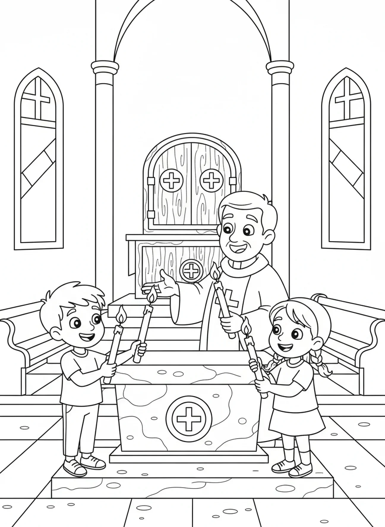 Kinder zünden Kerzen an, Ausmalbild zur Heiligen Messe für Kinder im Alter von 5-10 Jahren.