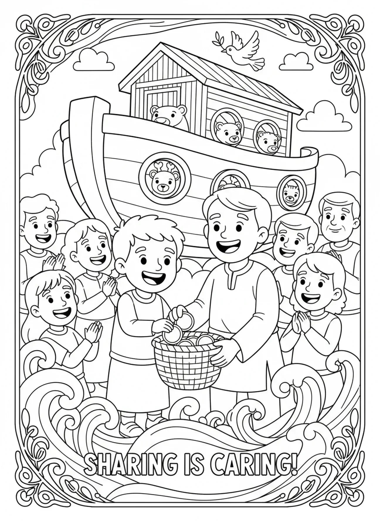 Kind spendet für die Kollekte, Ausmalbild zur Heiligen Messe für Kinder im Alter von 5-10 Jahren.