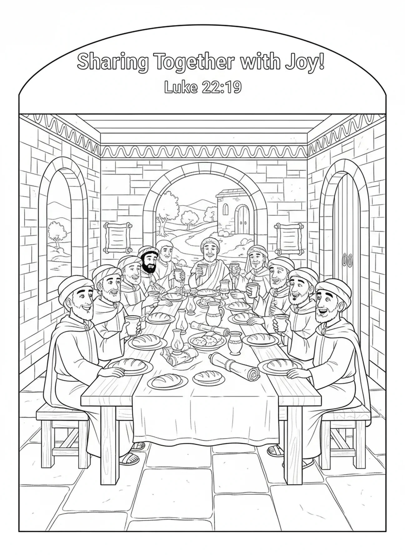 Jünger teilen Brot, Ausmalbild für den Religionsunterricht für Kinder im Alter von 5-12 Jahren.
