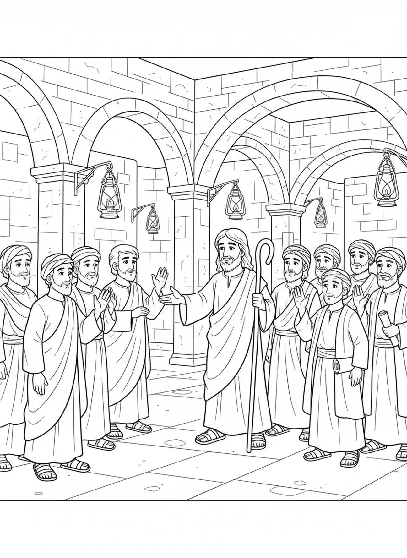 Jesus' Abschiedsgeste, Ausmalbild für den Religionsunterricht für Kinder im Alter von 5-12 Jahren.