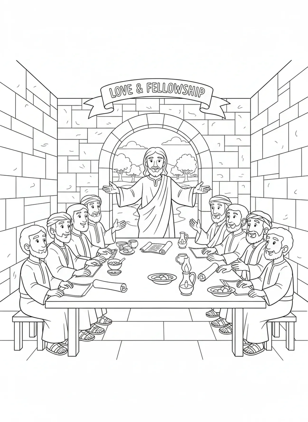 Jesus segnet die Jünger, Ausmalbild für den Religionsunterricht für Kinder im Alter von 5-12 Jahren.