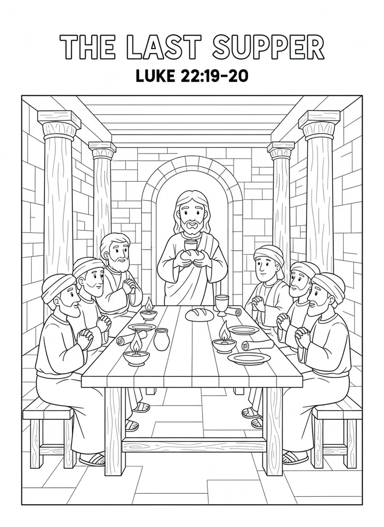 Jesus hält Brot und Kelch, Ausmalbild für die Heilige Messe in der Sonntagsschule für Kinder im Alter von 5-12 Jahren.