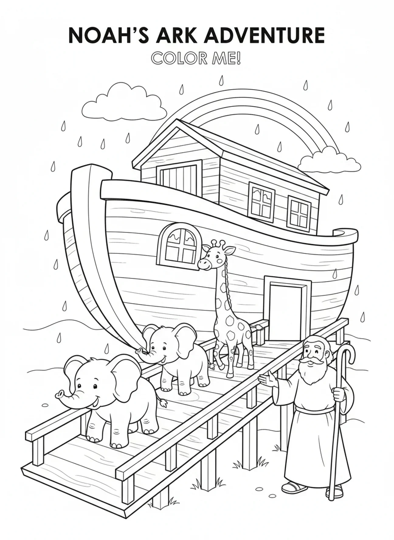 Paire d'éléphants et girafe, page à colorier sur les Ordres Sacrés pour les enfants de 5 à 10 ans.