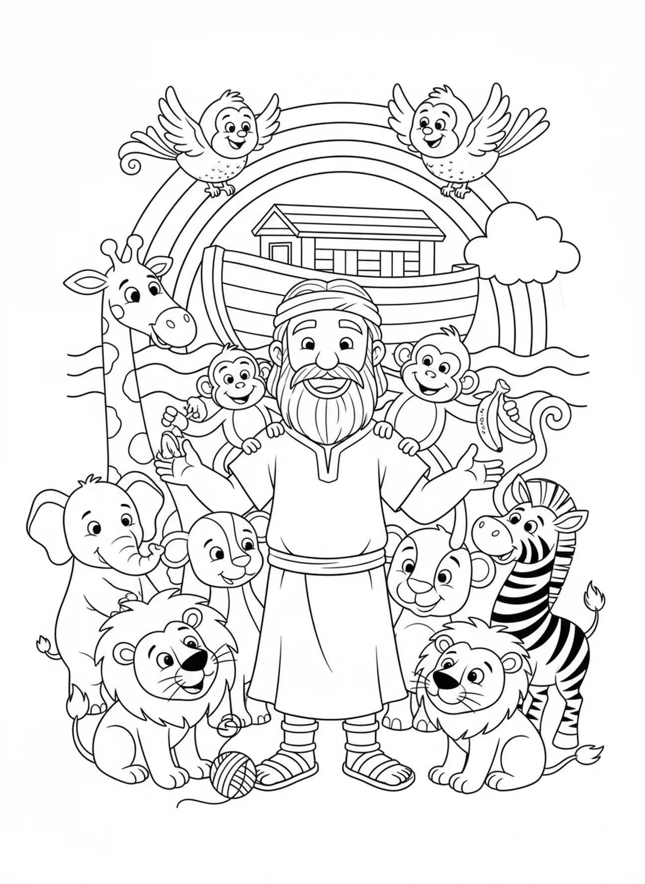 Noé avec des animaux, page à colorier sur les Ordres Saints pour les enfants de 5 à 10 ans.