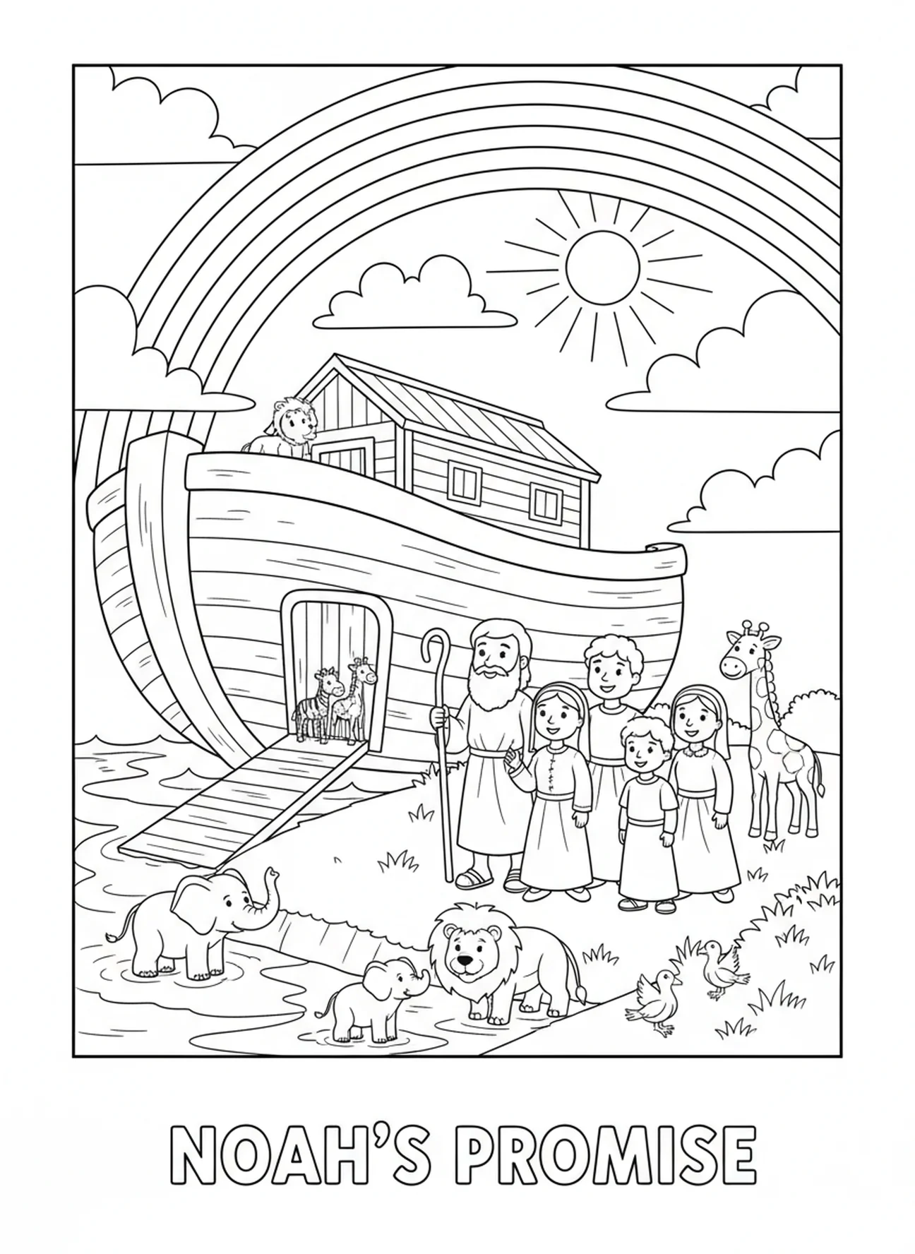 Noé et sa famille avec un arc-en-ciel, page à colorier sur les Ordres Saints pour les enfants de 5 à 10 ans.