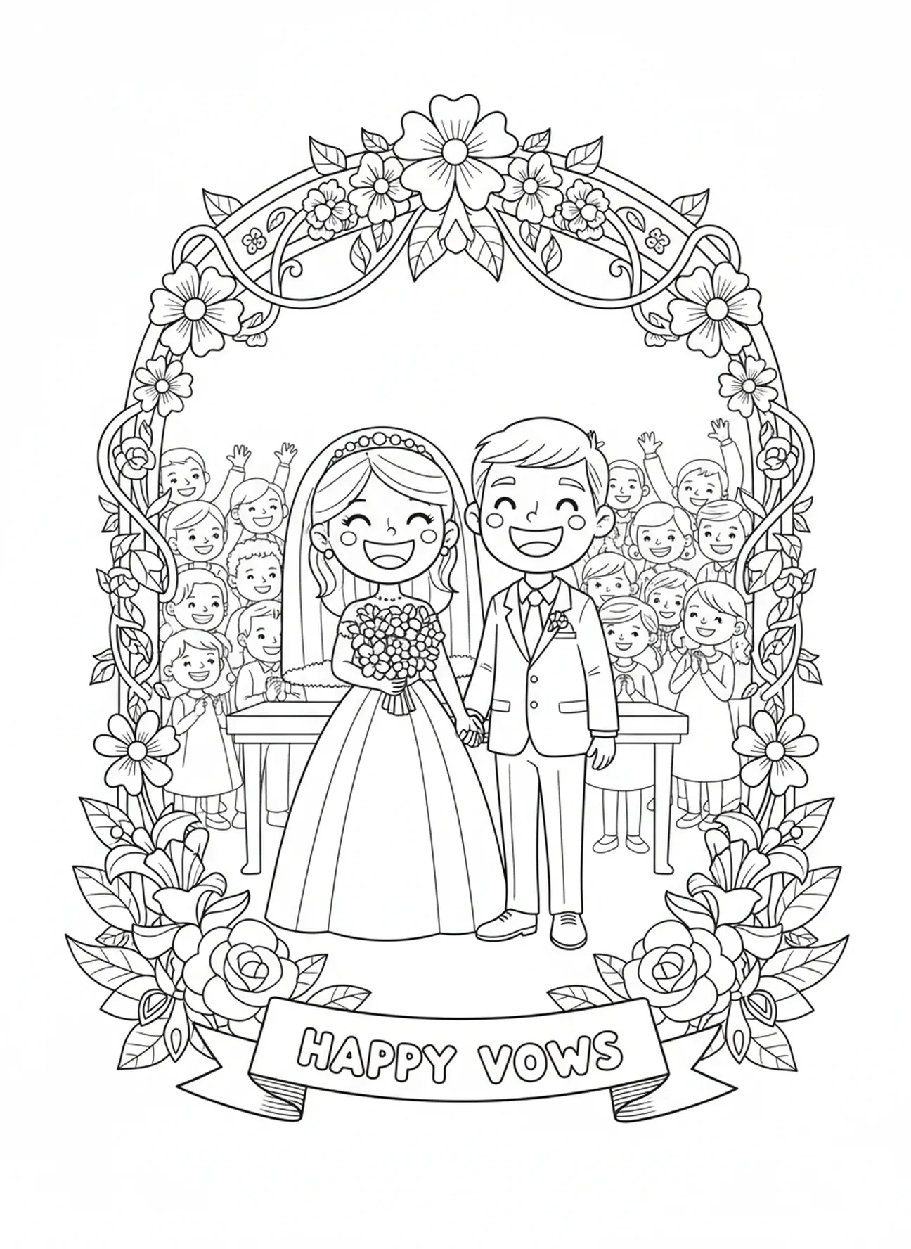 Mariés heureux, page à colorier sur le sacrement de mariage pour enfants de 5 à 10 ans