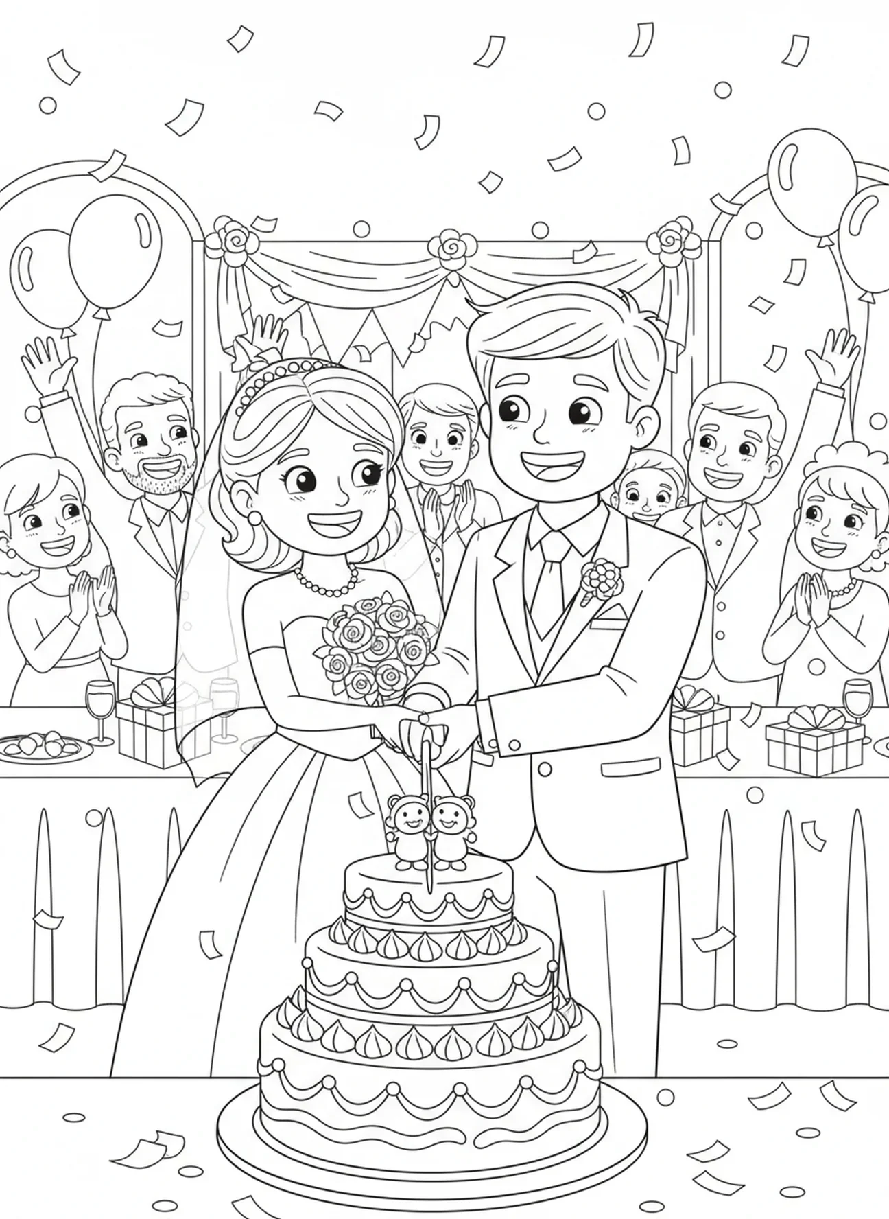 Mariés coupant le gâteau, page à colorier sur le Sacrement de Mariage pour enfants de 5 à 10 ans