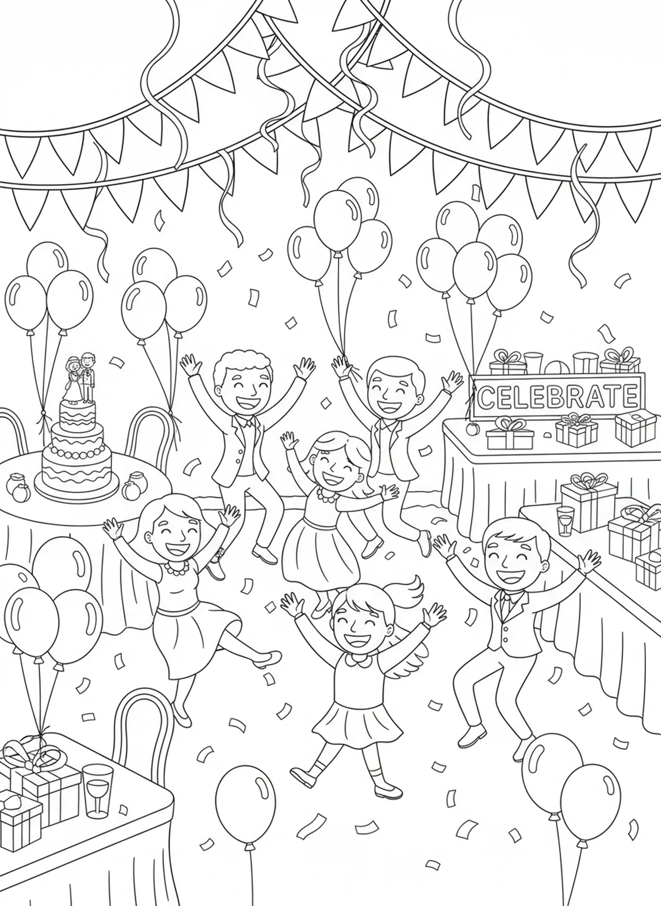 Célébration de mariage joyeuse, page à colorier sur le Sacrement de Mariage pour les enfants de 5 à 10 ans