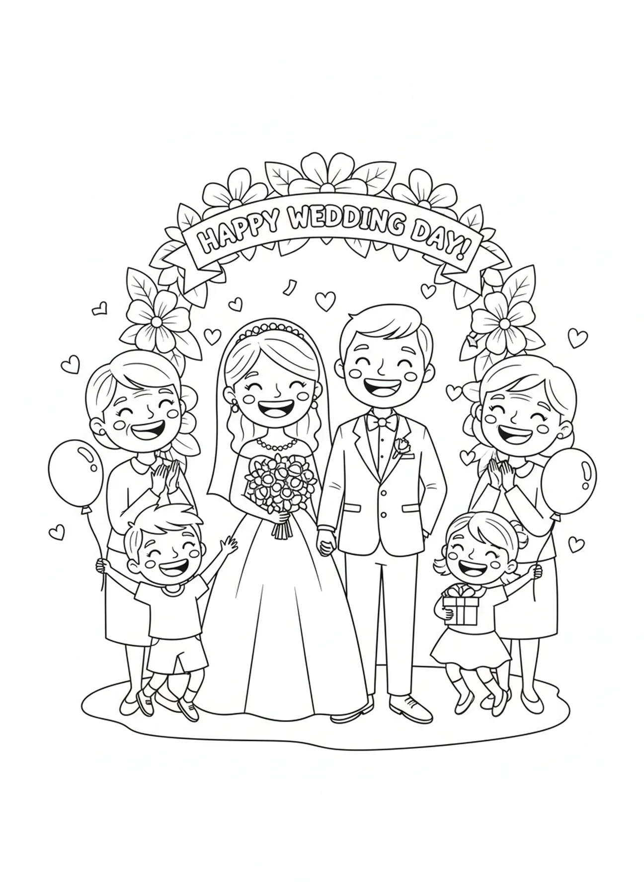 Portrait de famille joyeuse, page à colorier sur le sacrement de mariage pour enfants de 5 à 10 ans