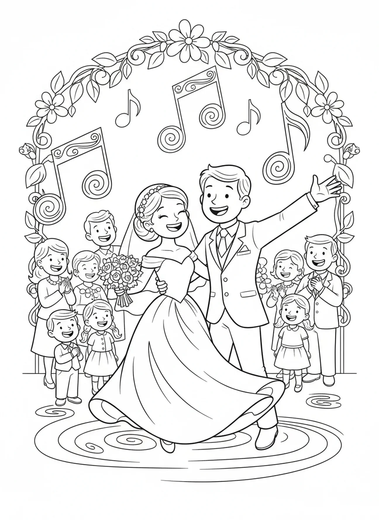 Mariage et danse des mariés, page à colorier sur le sacrement du mariage pour les enfants de 5 à 10 ans