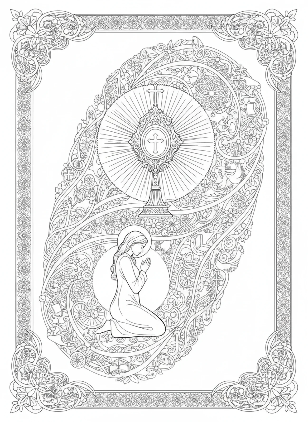 Anbeter kniet, Monstranz Ausmalbild für Erwachsene im Bibel-Journaling-Stil.