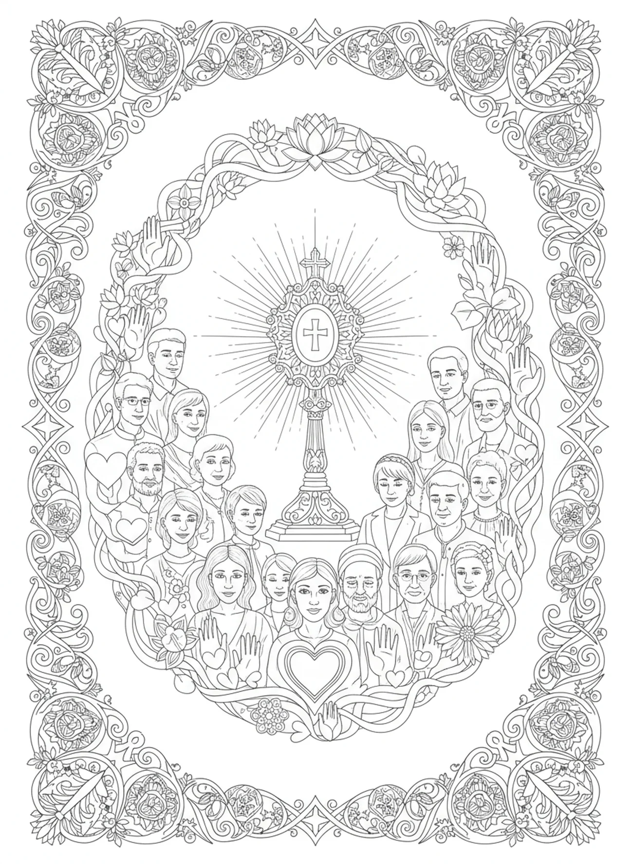 Verschiedene Menschen um die Monstranz, Ausmalbild für Erwachsene im Stil des Bibel-Journalings.