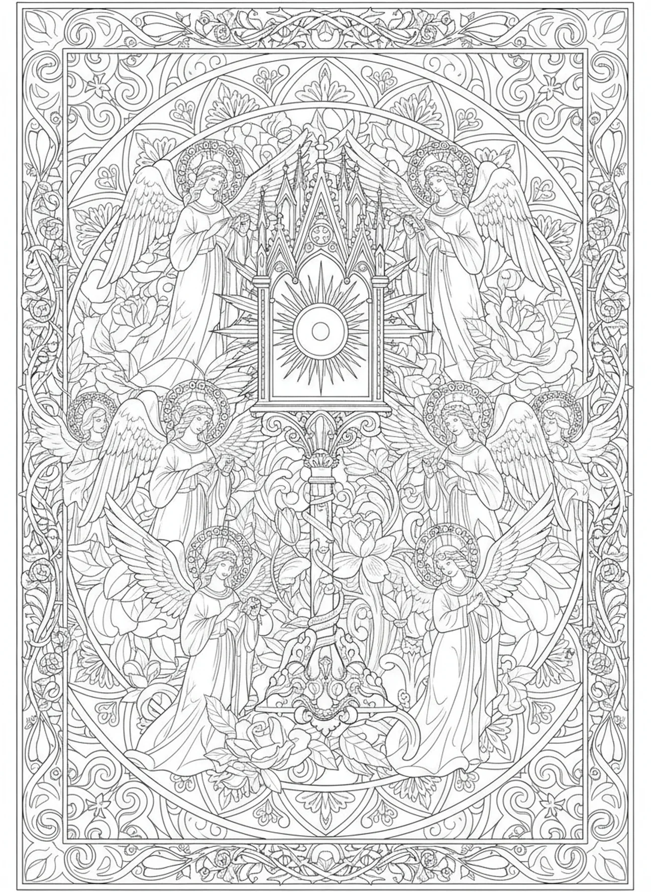 Monstranz mit Eucharistie, Ausmalbild für Erwachsene im Stil des Bibeljournaling.