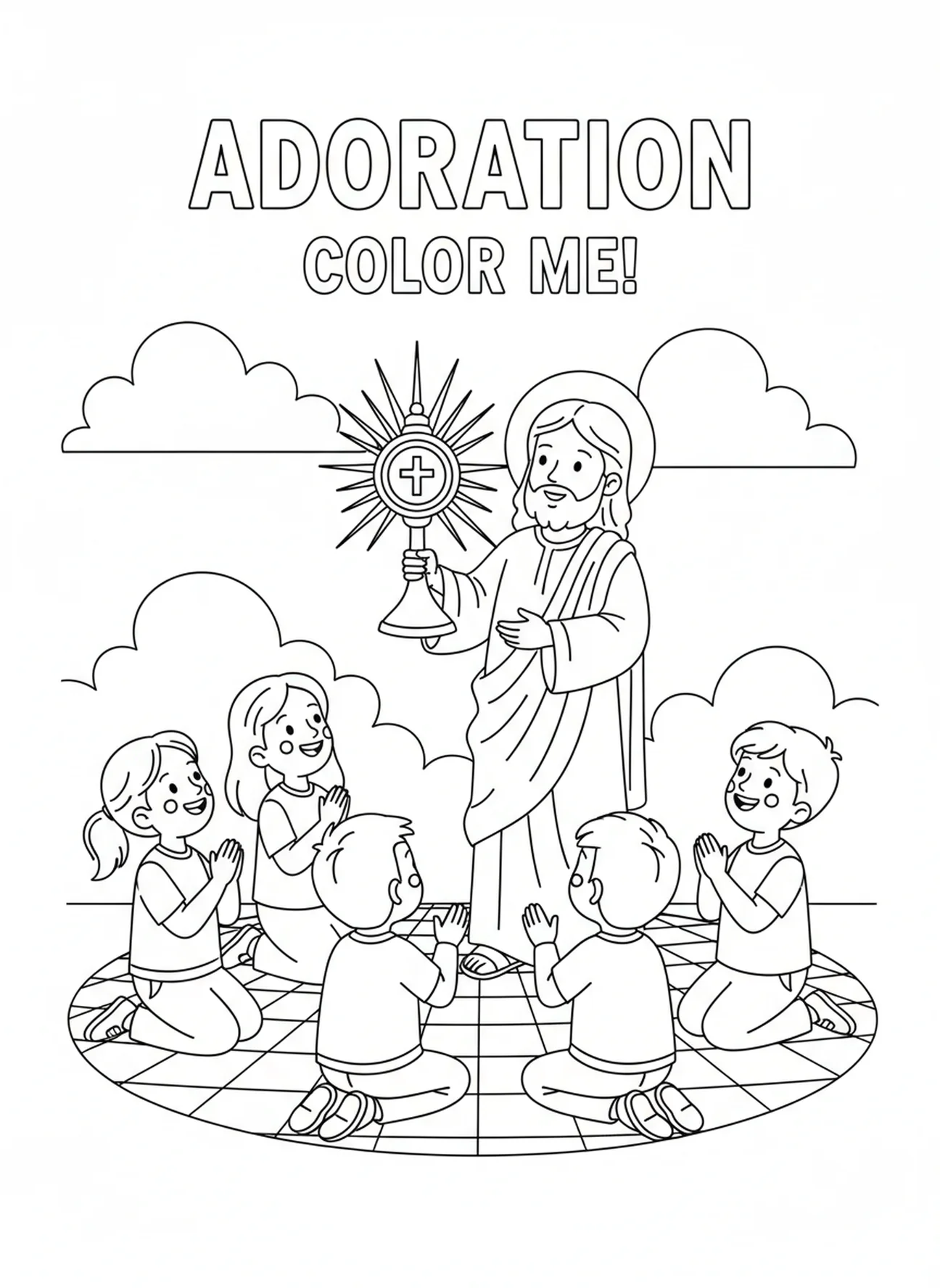 Enfants à genoux en adoration, page à colorier de la monstrance pour les enfants de 5 à 10 ans
