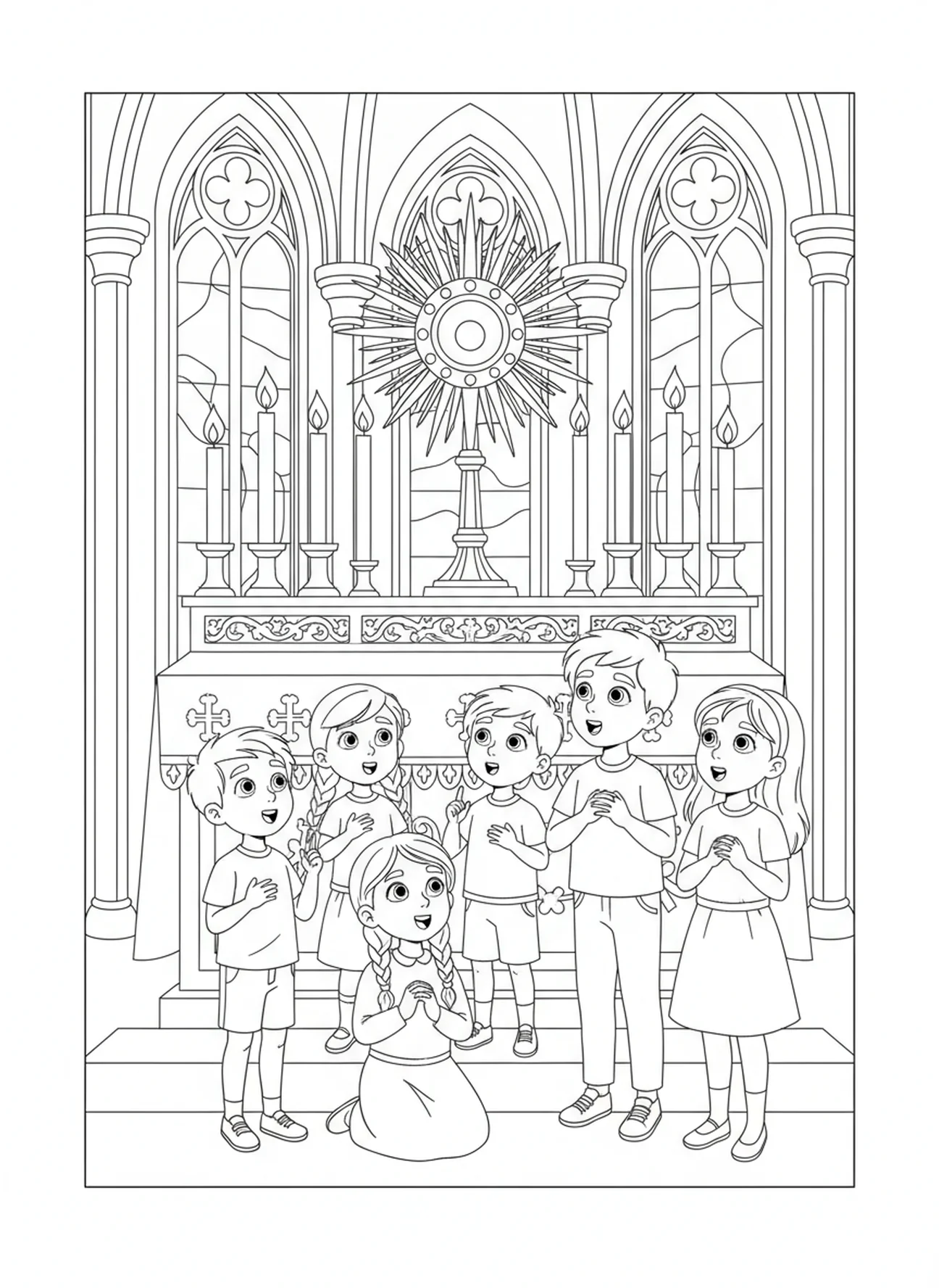 Monstrance exposée sur l'autel, page à colorier de la monstrance pour enfants de 5 à 10 ans