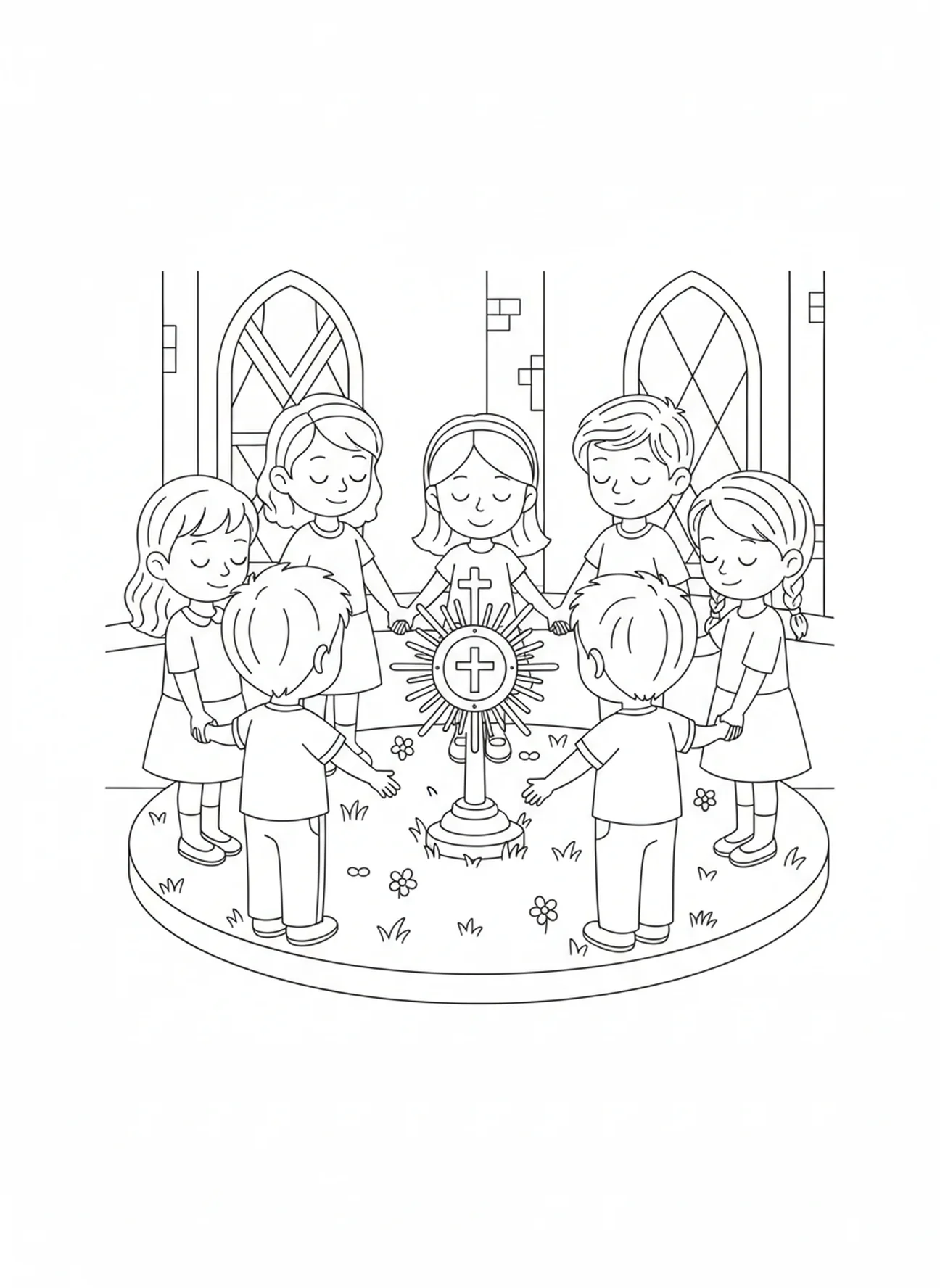 Enfants priant autour de la monstrance, page à colorier de la monstrance pour les enfants de 5 à 10 ans