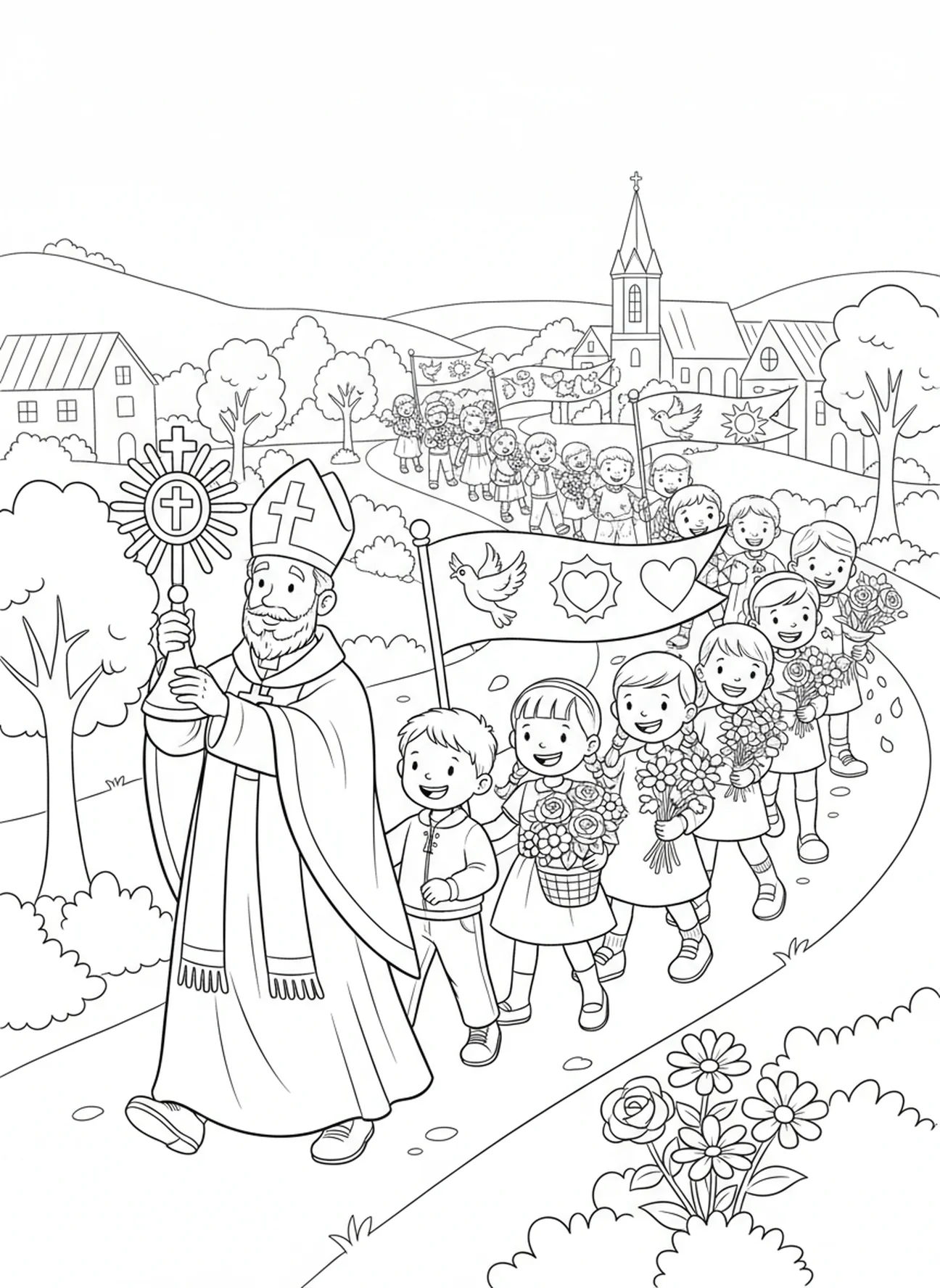 Enfants en procession, page à colorier de la Monstrance pour les enfants de 5 à 10 ans