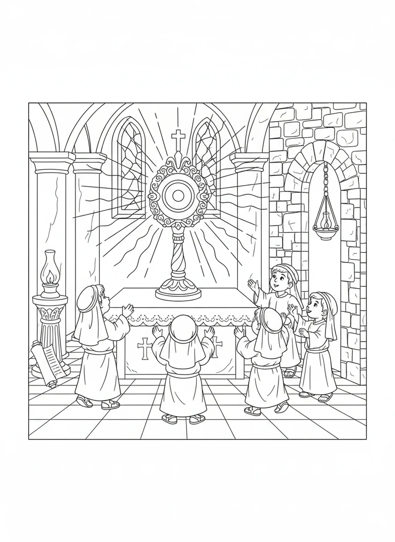 Kinder in Anbetung der Eucharistie, Ausmalbild der Monstranz für Religionsunterricht für Kinder im Alter von 5-12 Jahren.
