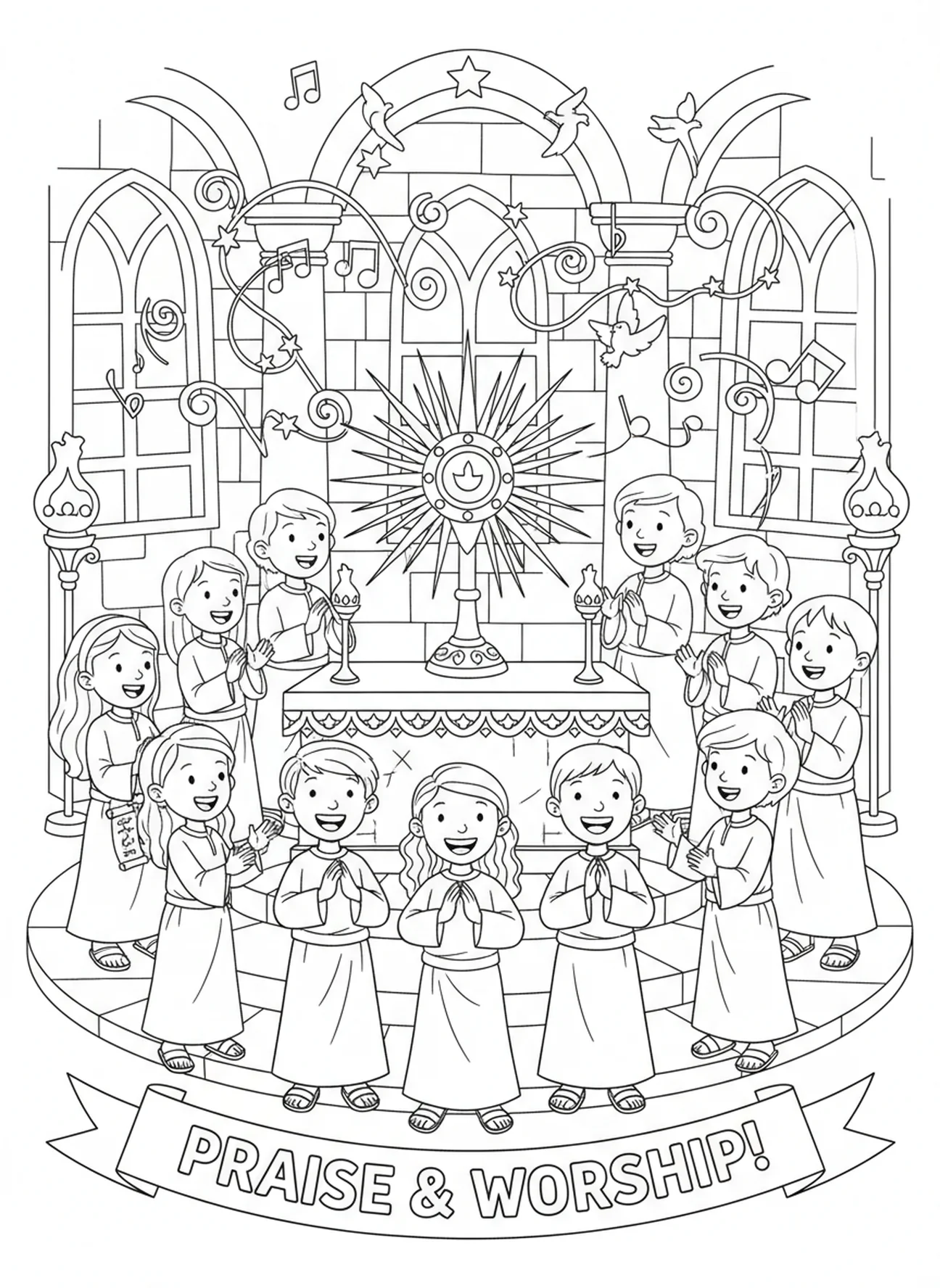 Kinder feiern um die Monstranz, Ausmalbild für die Sonntagsschule für Kinder im Alter von 5-12 Jahren.