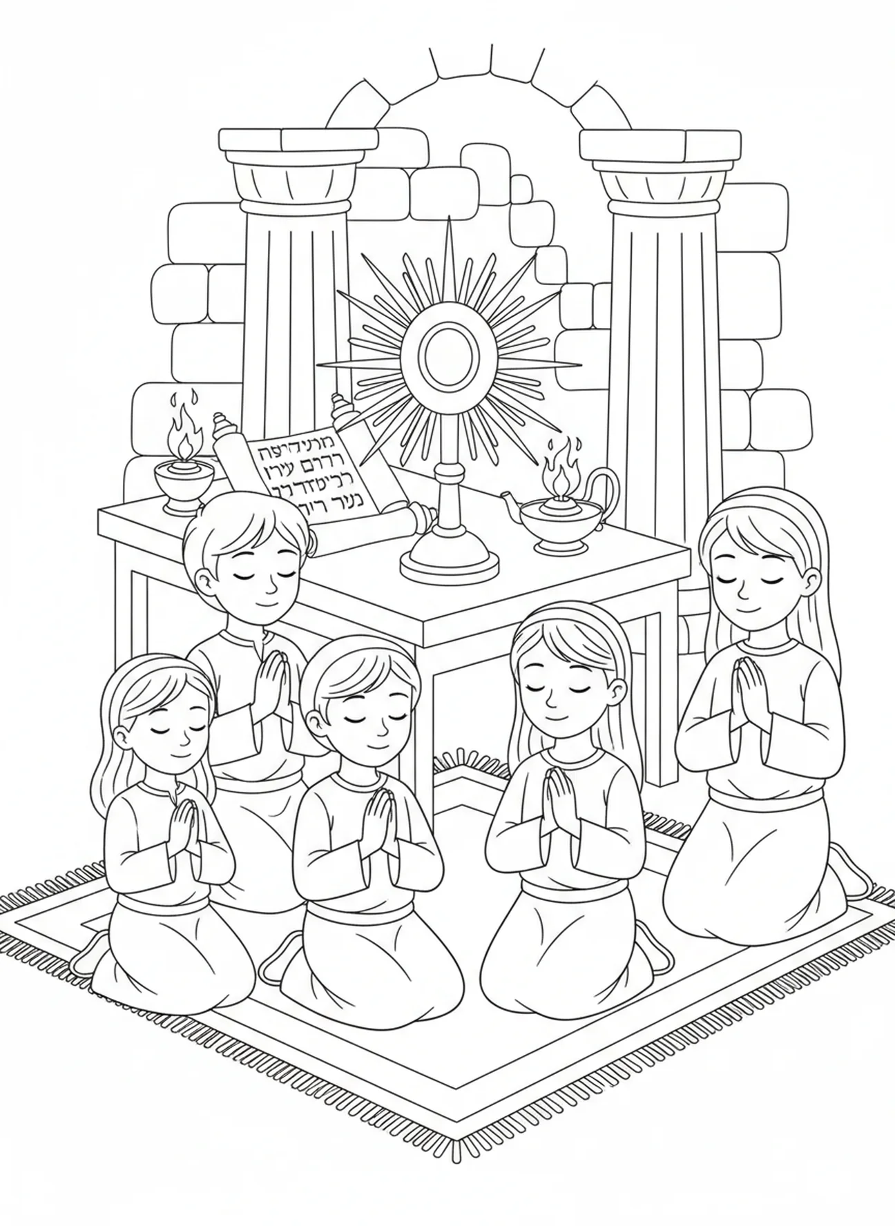 Kinder beten vor der Monstranz, Ausmalbild für die Sonntagsschule für Kinder im Alter von 5-12 Jahren.