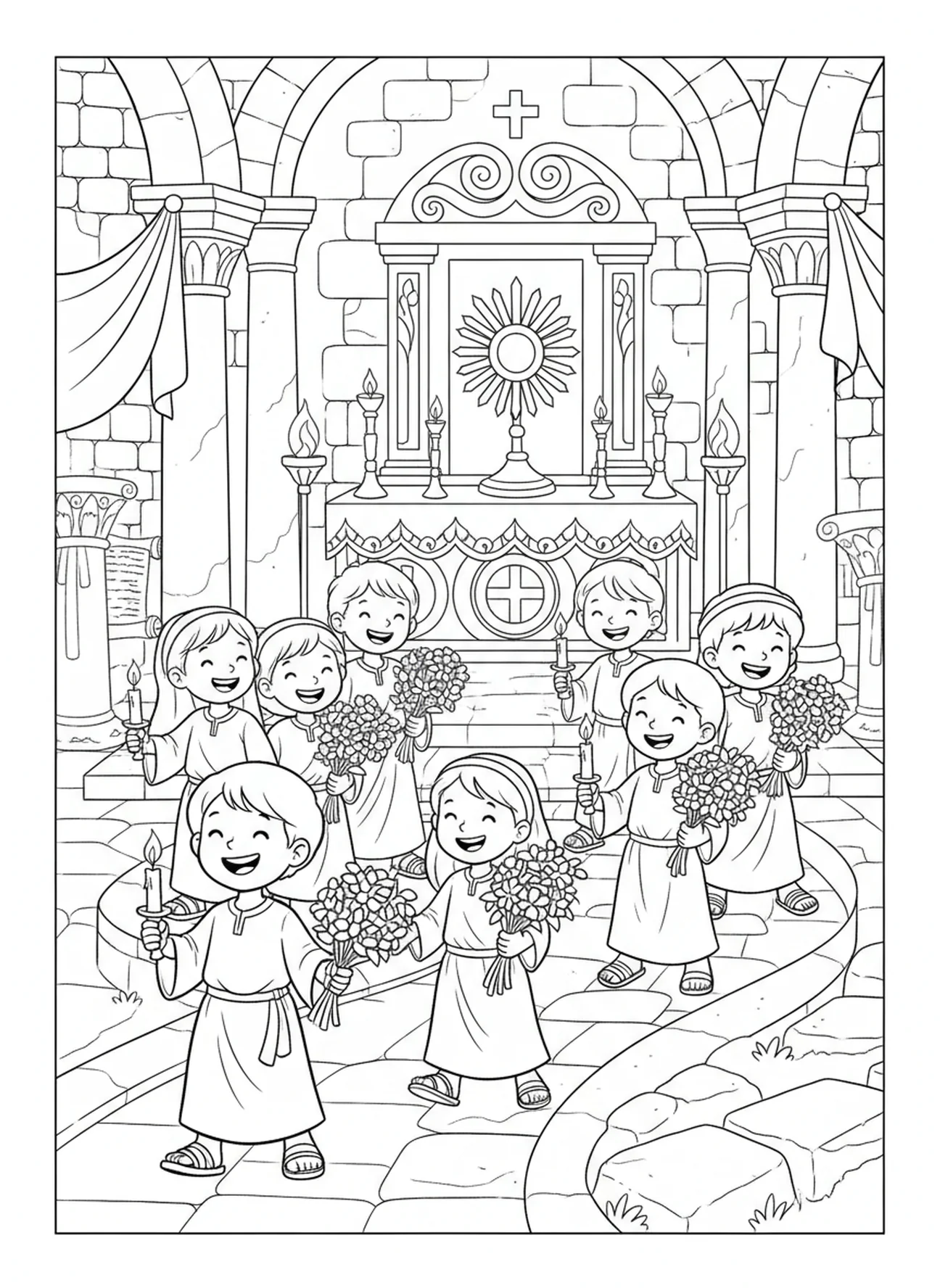 Kinder in einer fröhlichen Prozession mit der Monstranz, Ausmalbild für Religionsunterricht für Kinder im Alter von 5-12 Jahren.