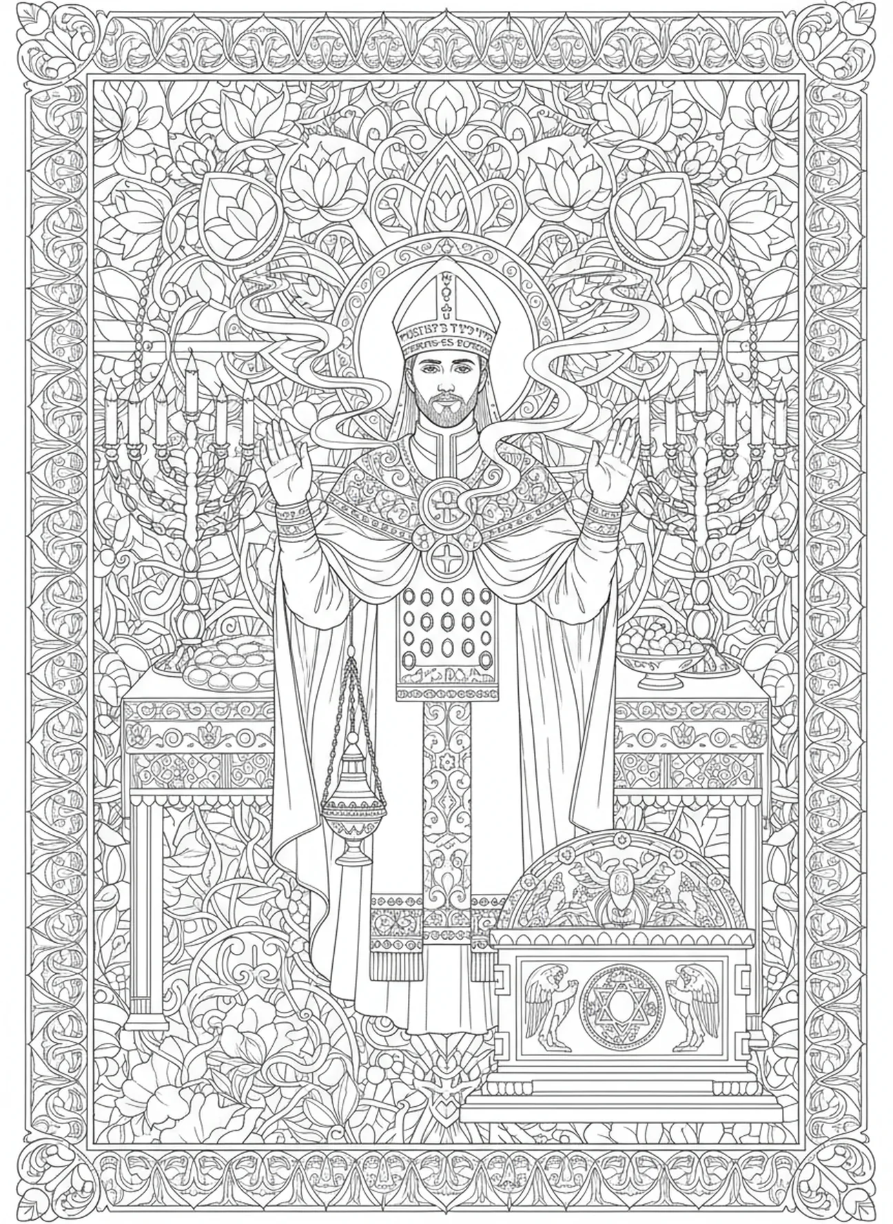 Hoherpriester leitet eine Zeremonie, Ausmalbild der Priestergewänder für Erwachsene im Stil des Bibel-Journalings.