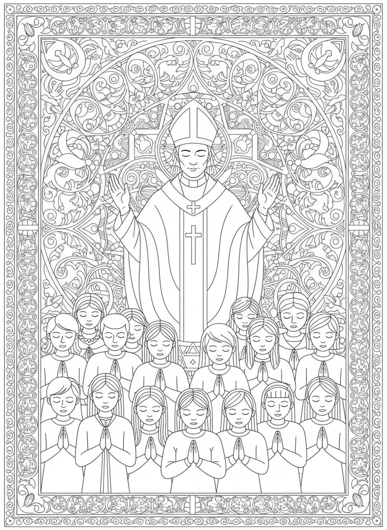 Priester segnet die Gemeinde, Ausmalbild für Erwachsene im Bibel-Journaling-Stil mit Priestergewändern.