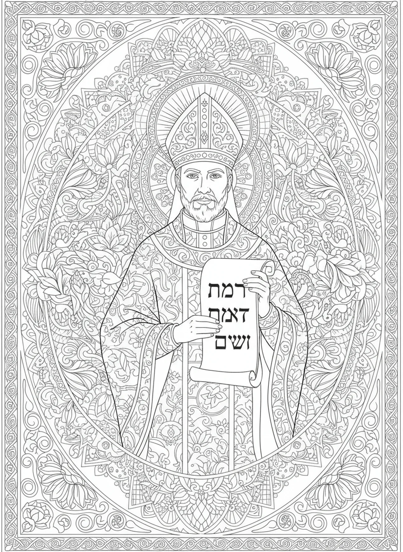 Priester mit einer Schriftrolle, Ausmalbild für Erwachsene im Stil des Bibeljournaling.