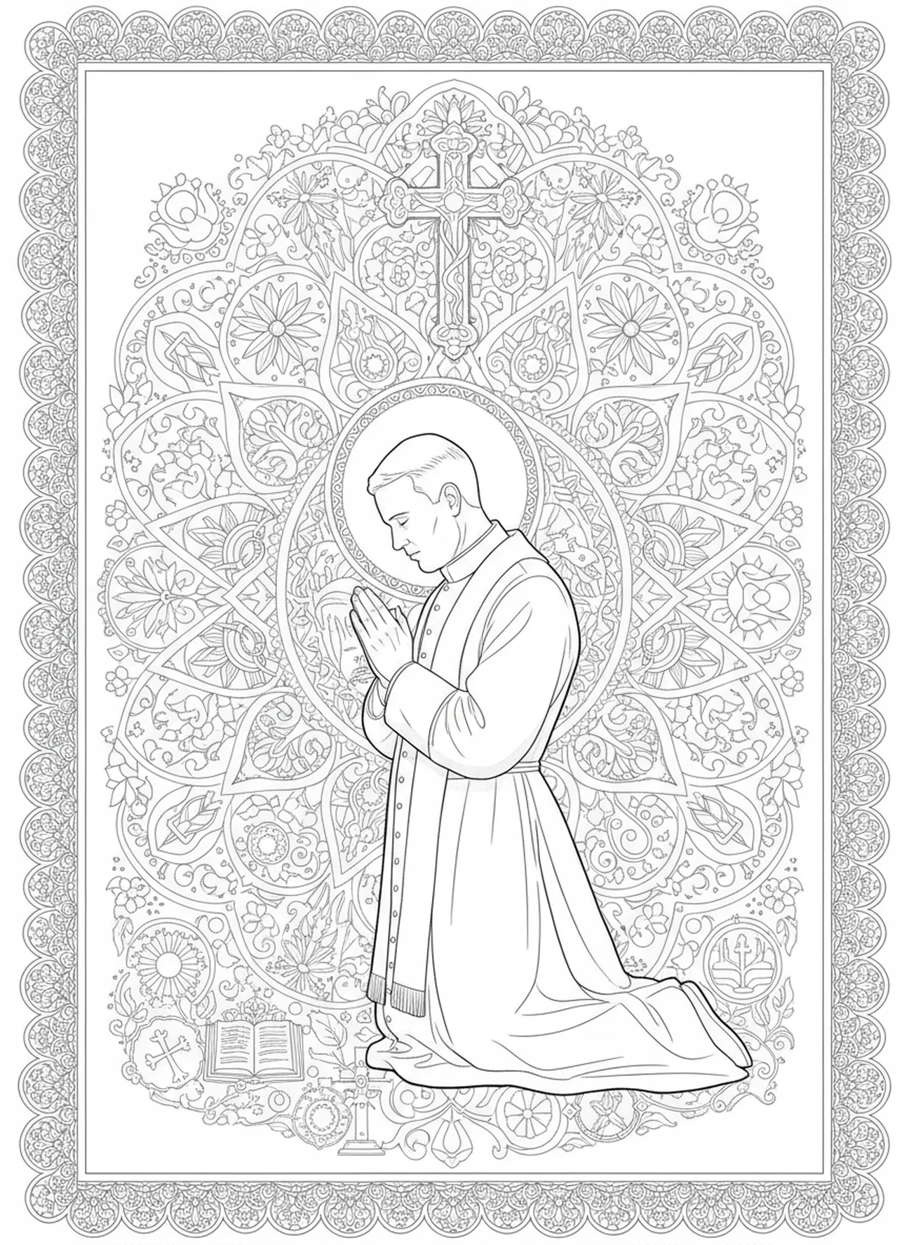 Priester kniet im Gebet, Ausmalbild für Erwachsene mit Priestergewändern im Stil des Bibel-Journaling.