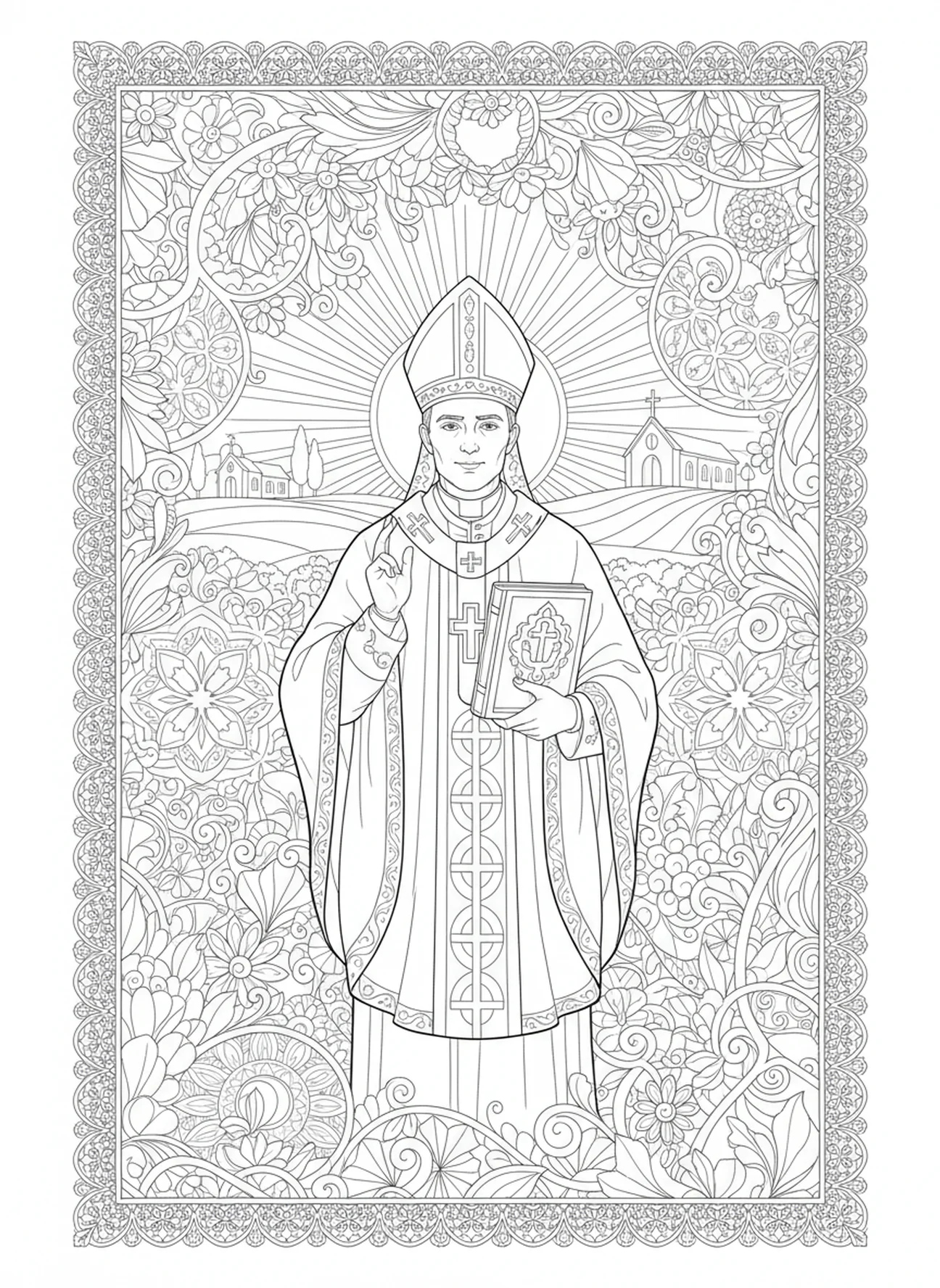 Anmutiger Priester vor malerischer Kulisse, Ausmalbild für Erwachsene mit Priestergewändern im Stil des Bibel-Journalings.