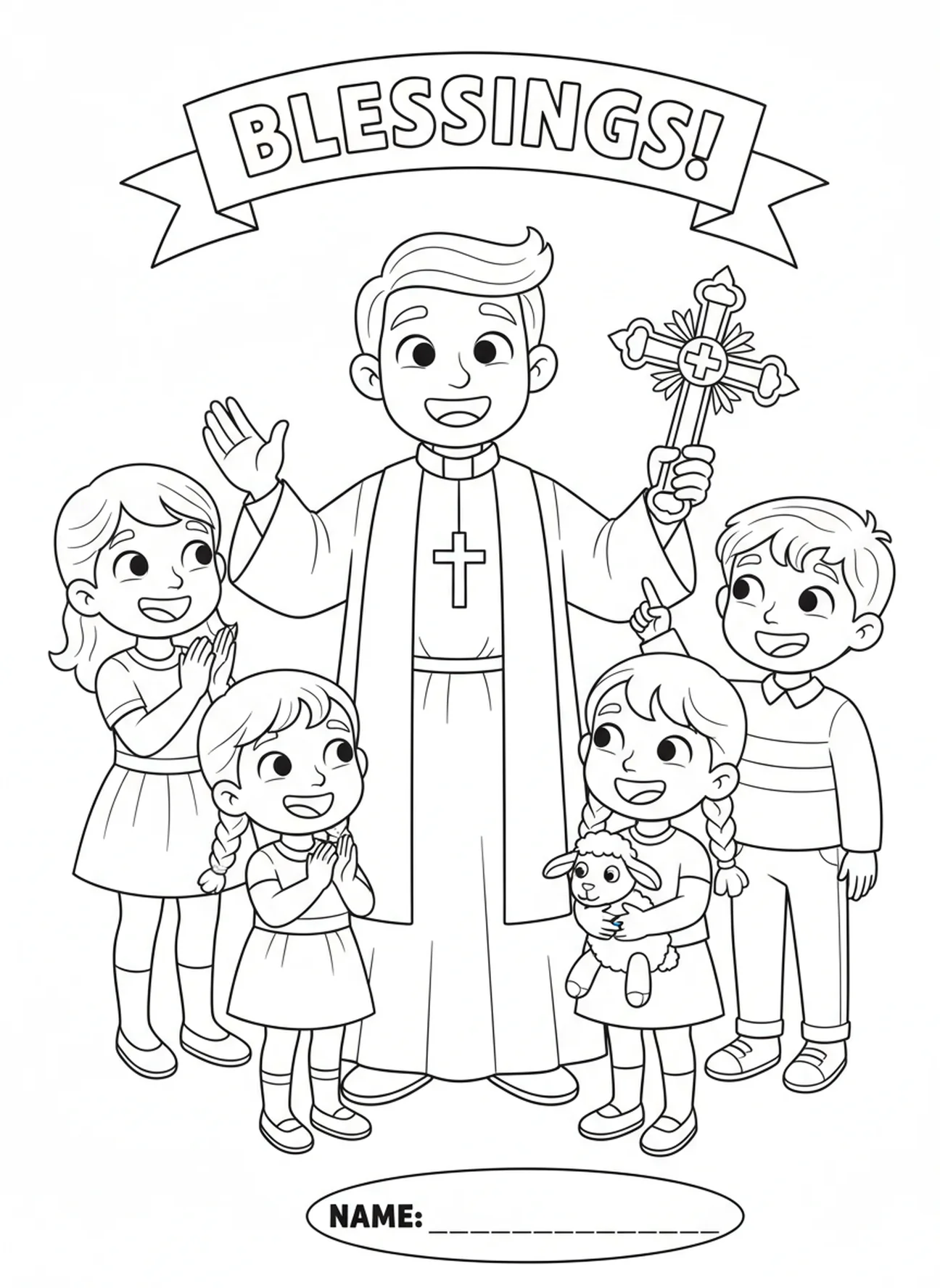 Priester die kinderen zegent, Kleurplaat van Priesterkleding voor kinderen van 5-10 jaar