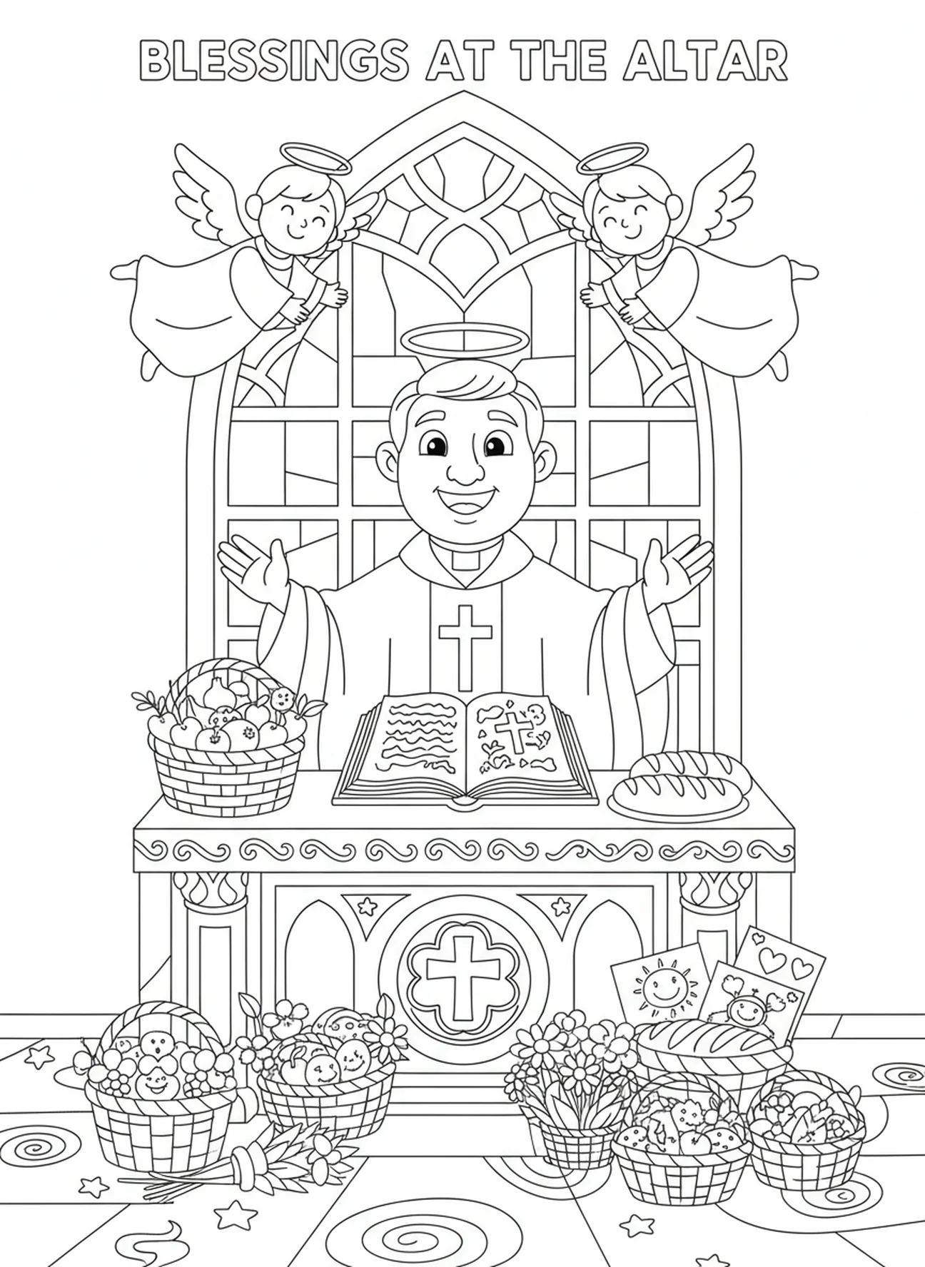Priester leidt ceremonie, Kleurplaat van Priestergewaden voor kinderen van 5-10 jaar