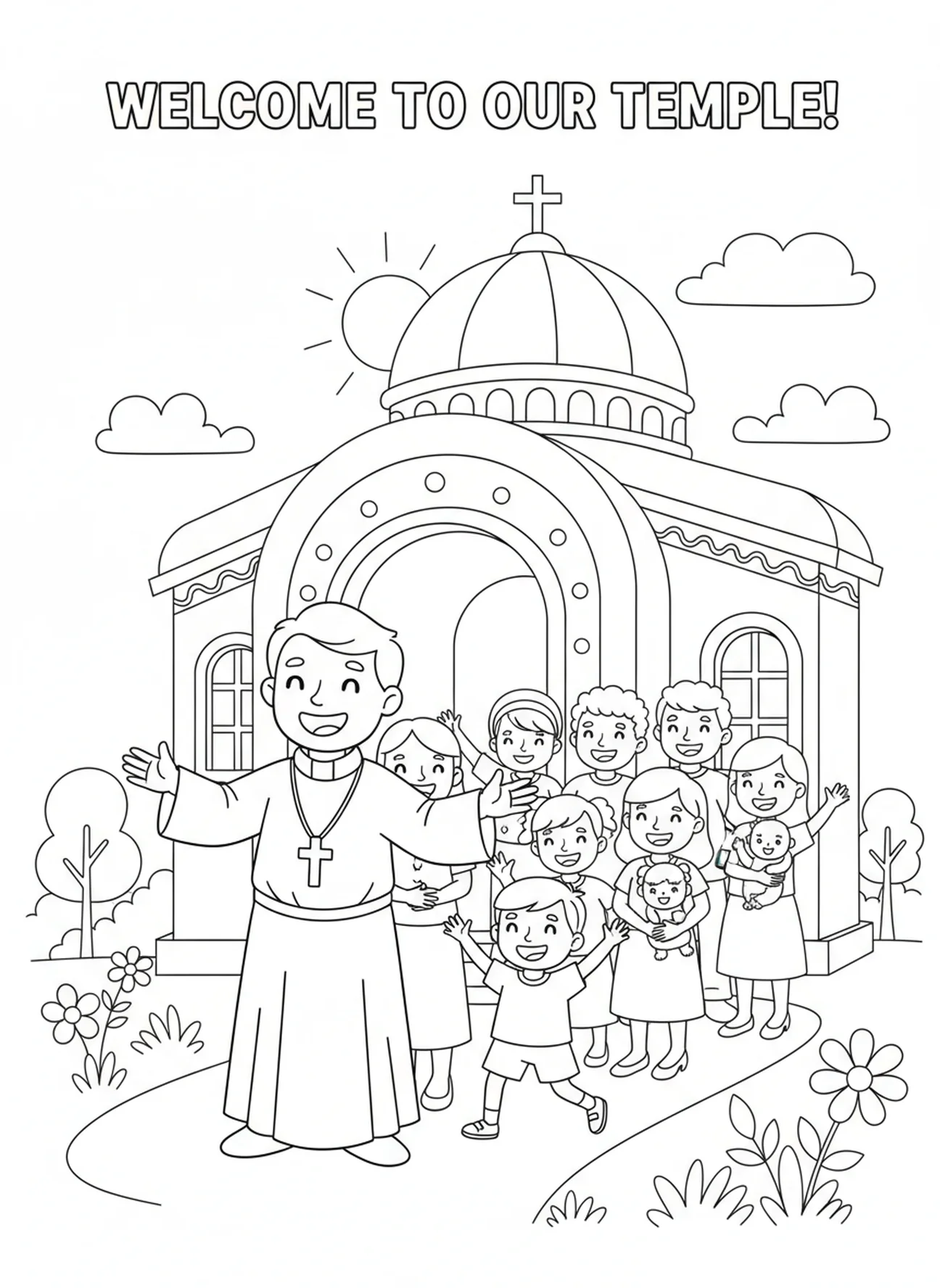 Priester begroet de gemeente, Kleurplaat van de priester in gewaden voor kinderen van 5-10 jaar