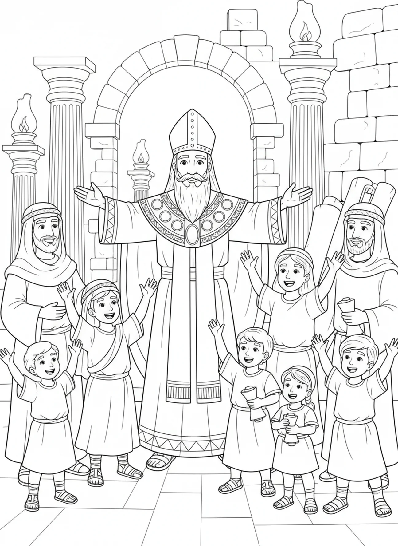 Sumo sacerdote abençoando famílias, página para colorir com Vestes Sacerdotais para crianças da Escola Dominical de 5 a 12 anos.