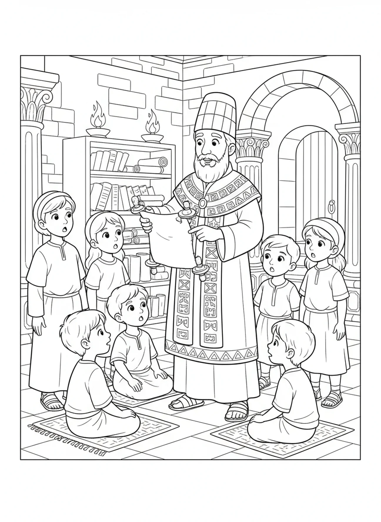 Sumo sacerdote ensinando crianças, página para colorir sobre Vestes Sacerdotais para crianças da Escola Dominical de 5 a 12 anos.