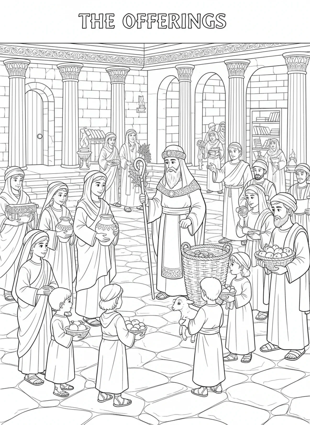Sumo sacerdote recebendo ofertas no templo, página para colorir com Vestes Sacerdotais para crianças da Escola Dominical de 5 a 12 anos.