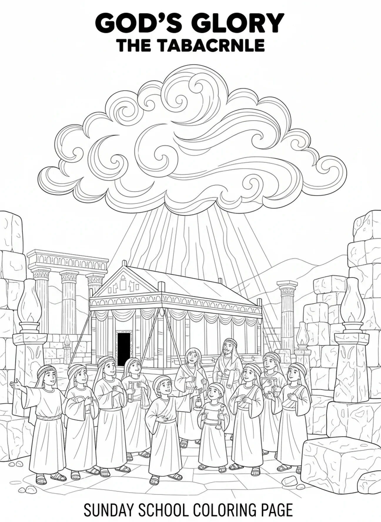 Majestätische Wolke über dem Zelt der Begegnung, Ausmalbild für den Religionsunterricht für Kinder im Alter von 5-12 Jahren