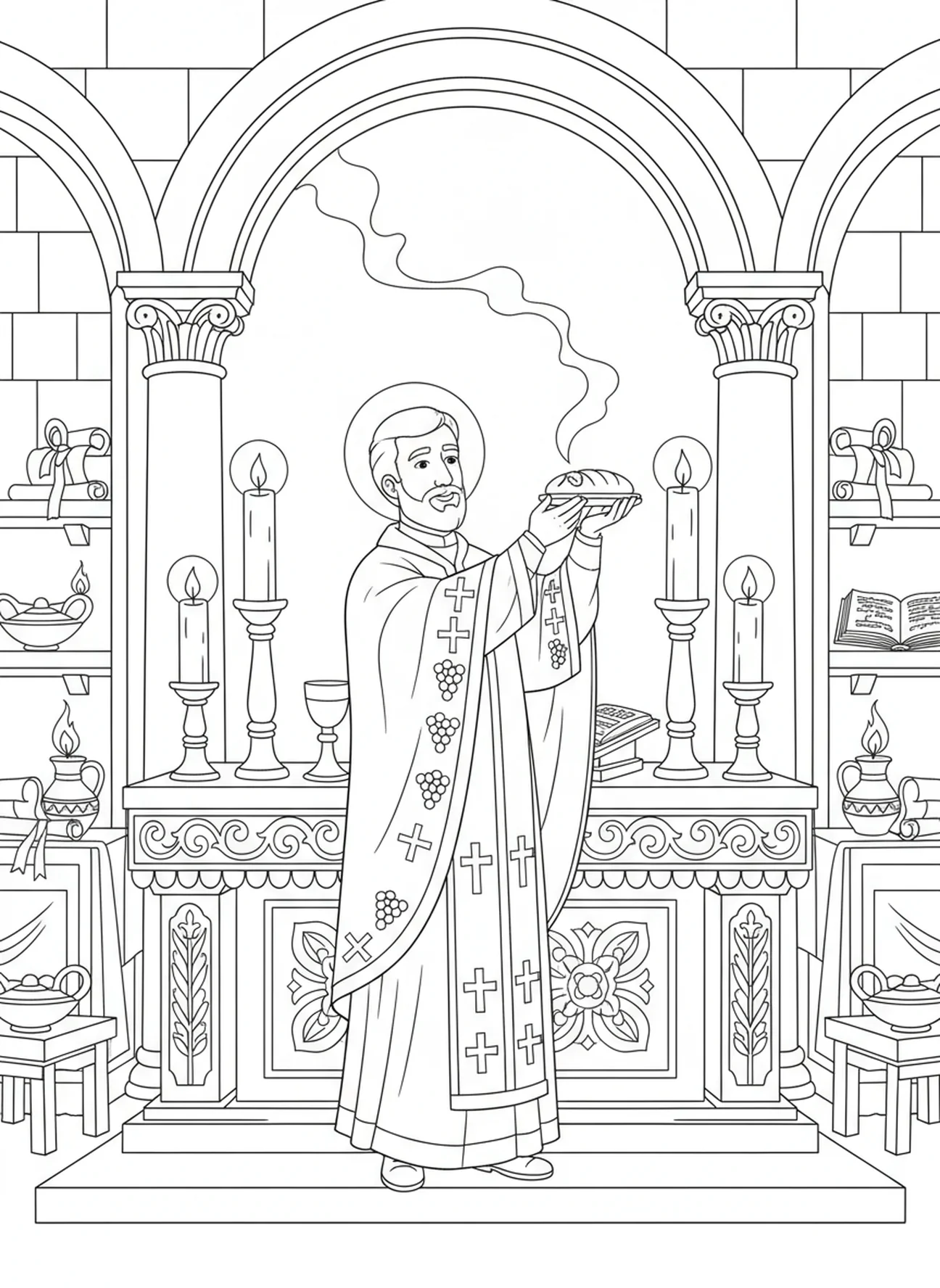 Priester am Altar, Tabernakel Ausmalbild für Religionsunterricht Kinder im Alter von 5-12 Jahren