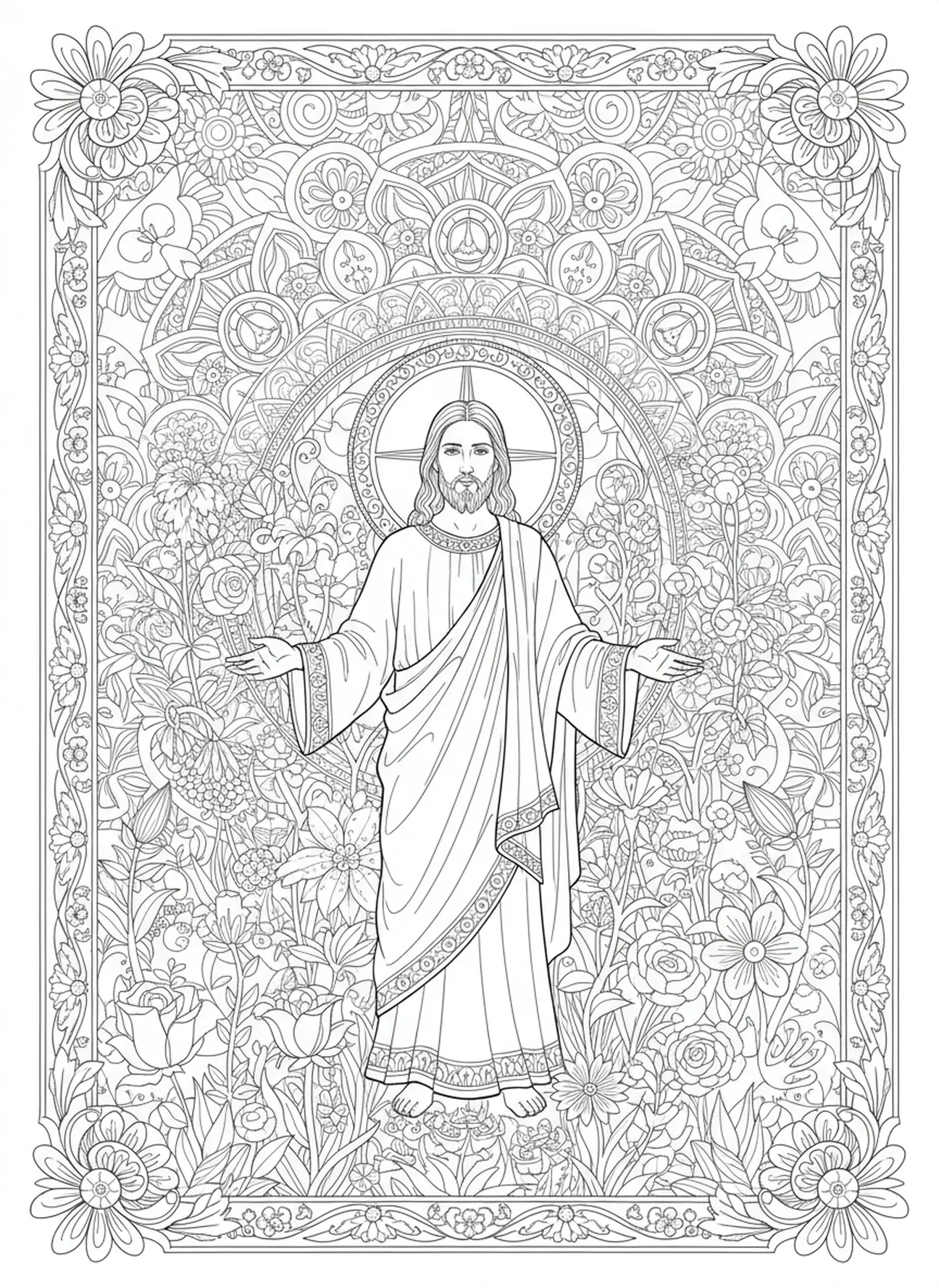 Jezus w ogrodzie, kolorowanka z Sercem Jezusa dla dorosłych w stylu prowadzenia dziennika biblijnego