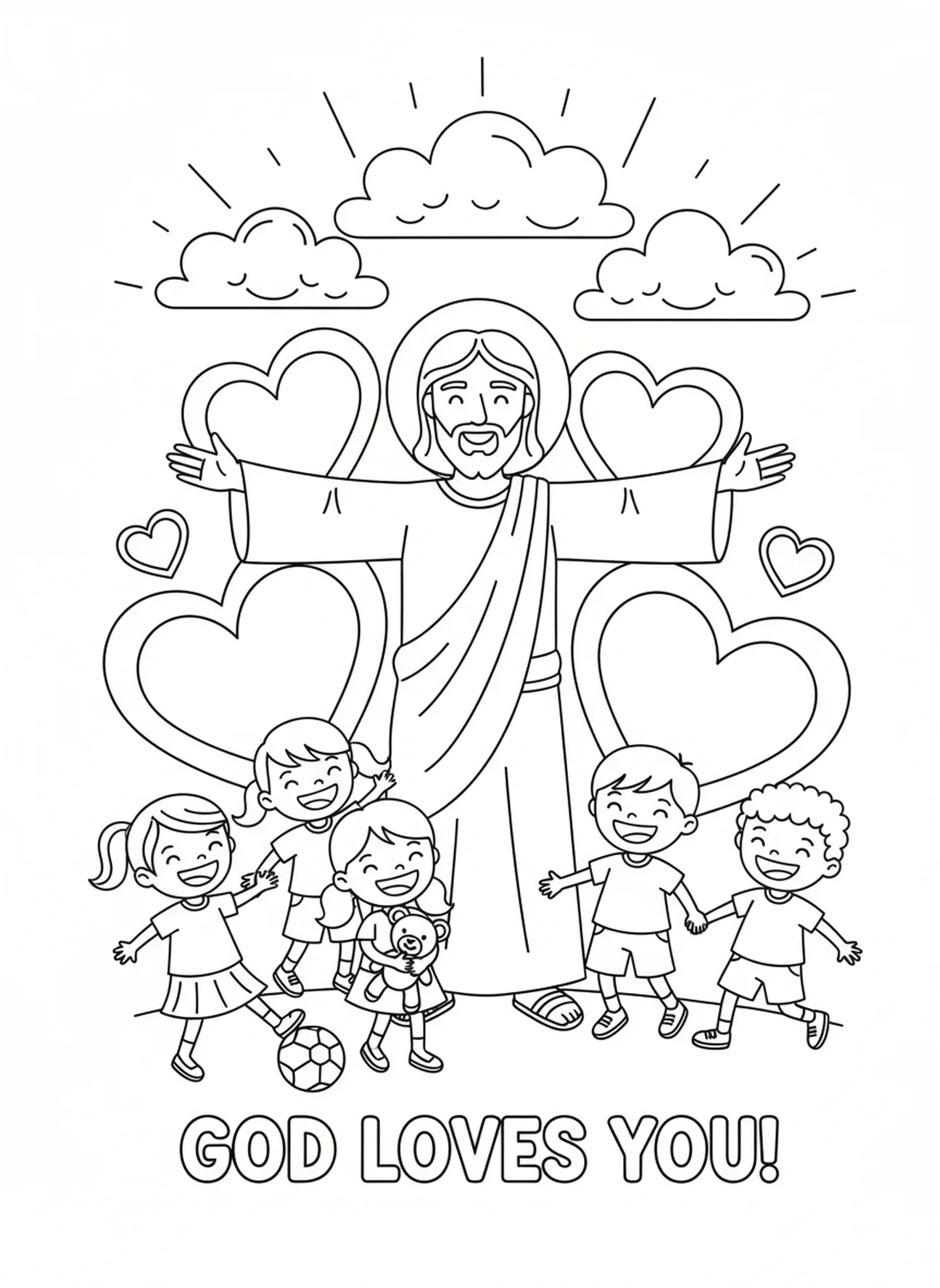 Jesus mit Herzen und Kindern, Ausmalbild von Jesus Herz für Kinder im Alter von 5-10 Jahren.