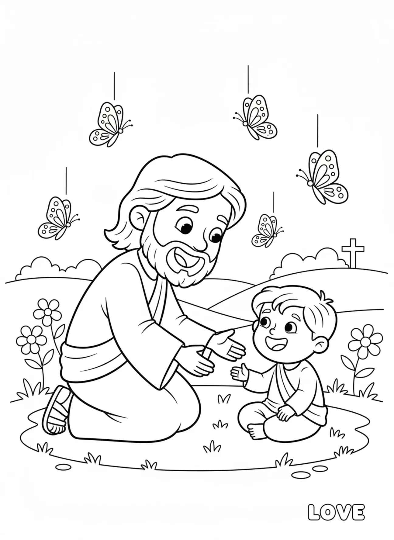 Jesus kniet mit einem Kind auf dem Gras, Ausmalbild von Jesu Herz für Kinder im Alter von 5-10 Jahren.