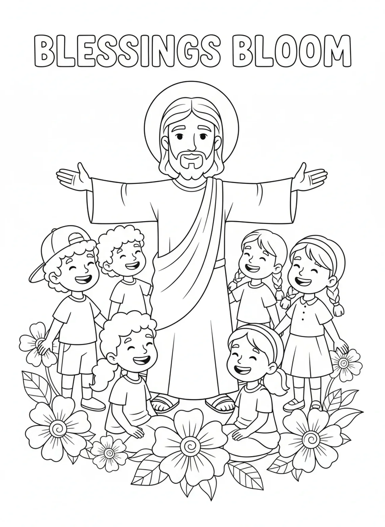 Jesus segnet fröhliche Kinder, Ausmalbild von Jesus Herz für Kinder im Alter von 5-10 Jahren.