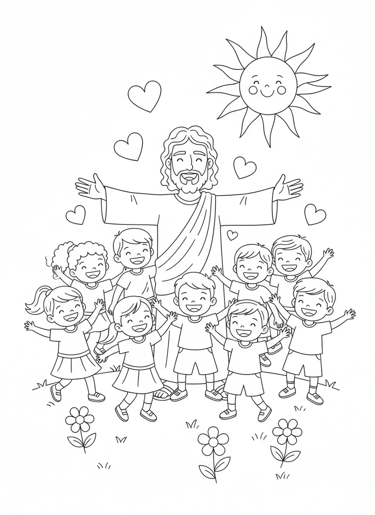 Jesus umgeben von Kindern, Ausmalbild von Jesu Herz für Kinder im Alter von 5-10 Jahren.