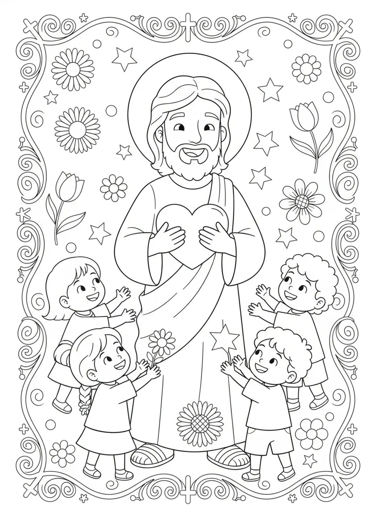 Jesus hält ein Herz, während Kinder mit offenen Händen nach ihm greifen. Ausmalbild von Jesu Herz für Kinder im Alter von 5-10 Jahren.