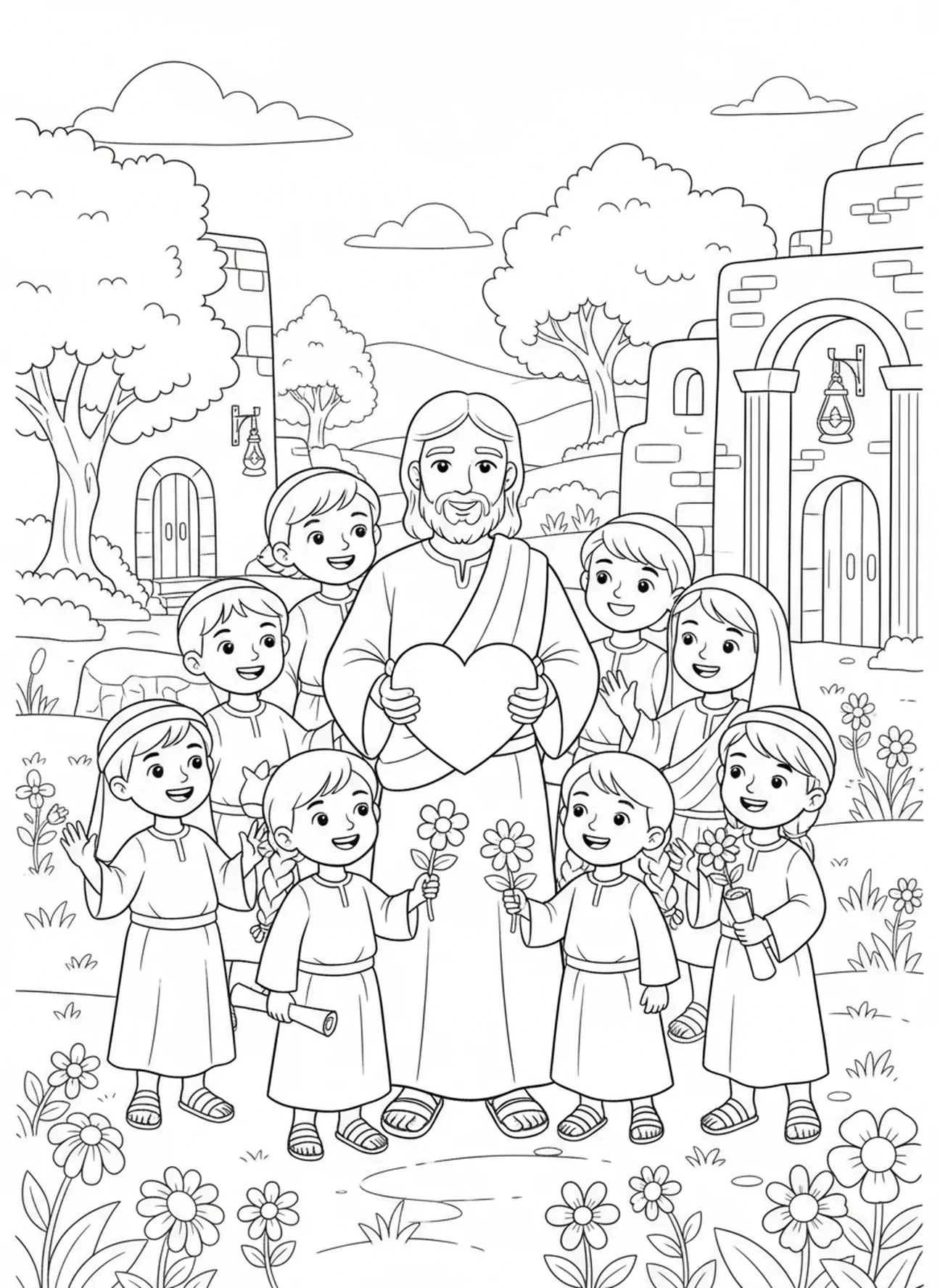 Enfants rassemblés autour de Jésus, page à colorier du Cœur de Jésus pour les enfants de l'École du dimanche âgés de 5 à 12 ans.