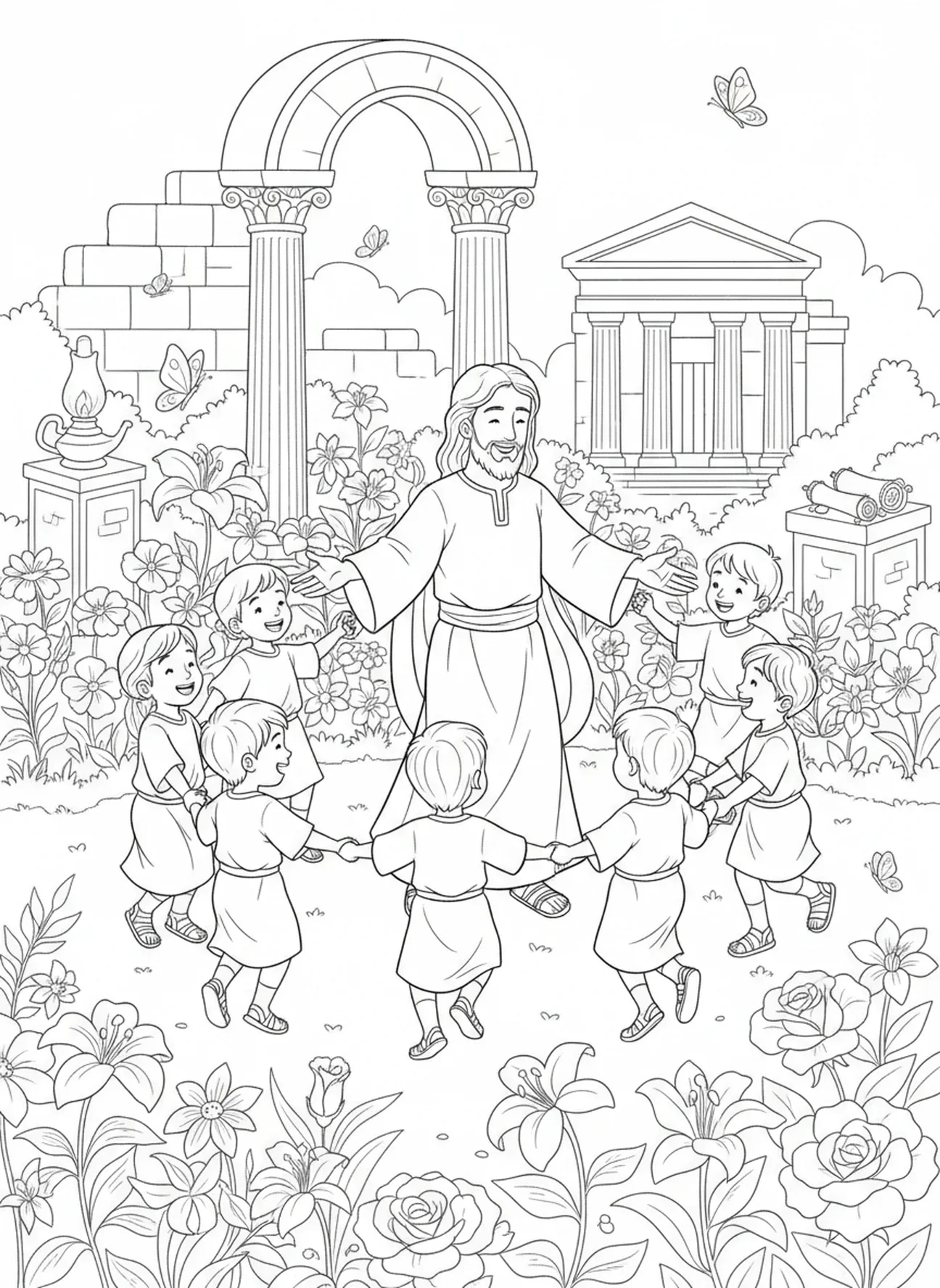 Enfants dansant autour de Jésus, page à colorier du Cœur de Jésus pour les enfants de l'École du dimanche âgés de 5 à 12 ans.