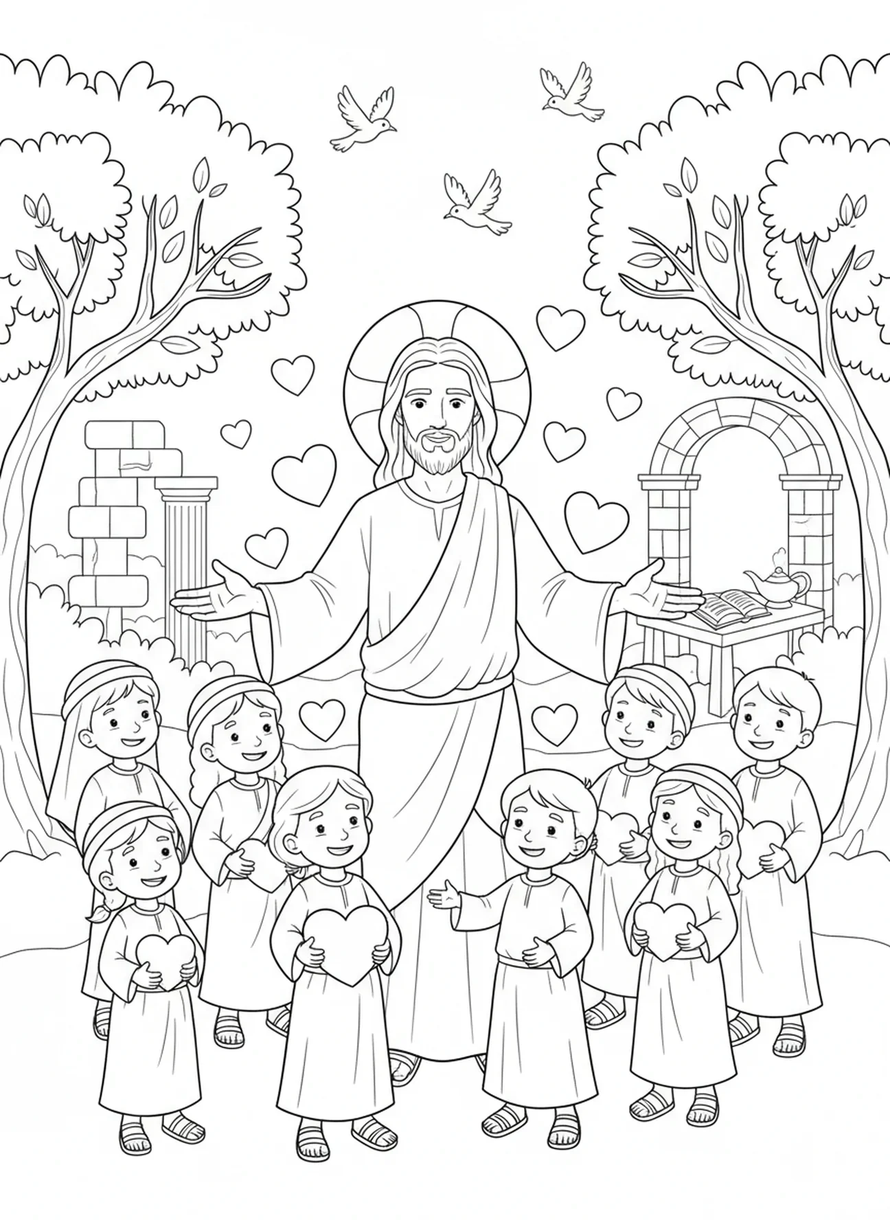 Jésus répandant l'amour, page à colorier Jésus Coeur pour les enfants de l'École du dimanche âgés de 5 à 12 ans.