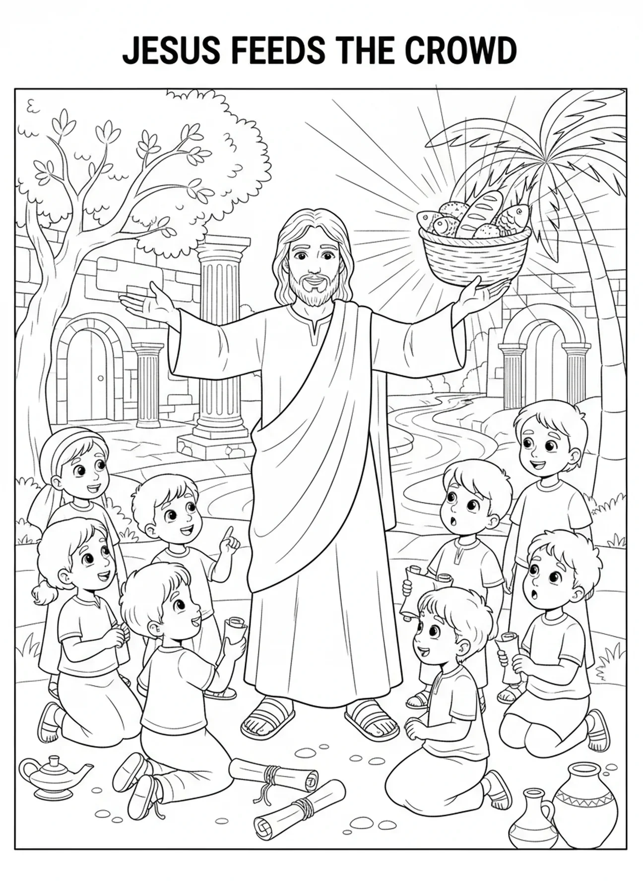 Jésus réalisant des miracles, page à colorier Jésus Coeur pour les enfants de l'École du dimanche âgés de 5 à 12 ans.
