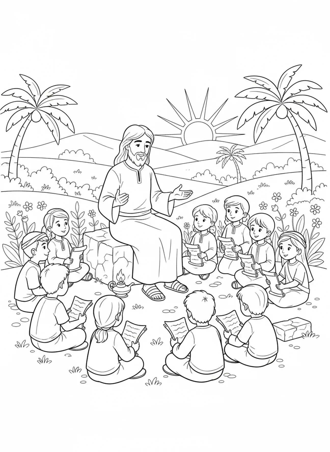 Jésus enseignant des enfants, page à colorier du Cœur de Jésus pour les enfants de l'École du dimanche âgés de 5 à 12 ans.