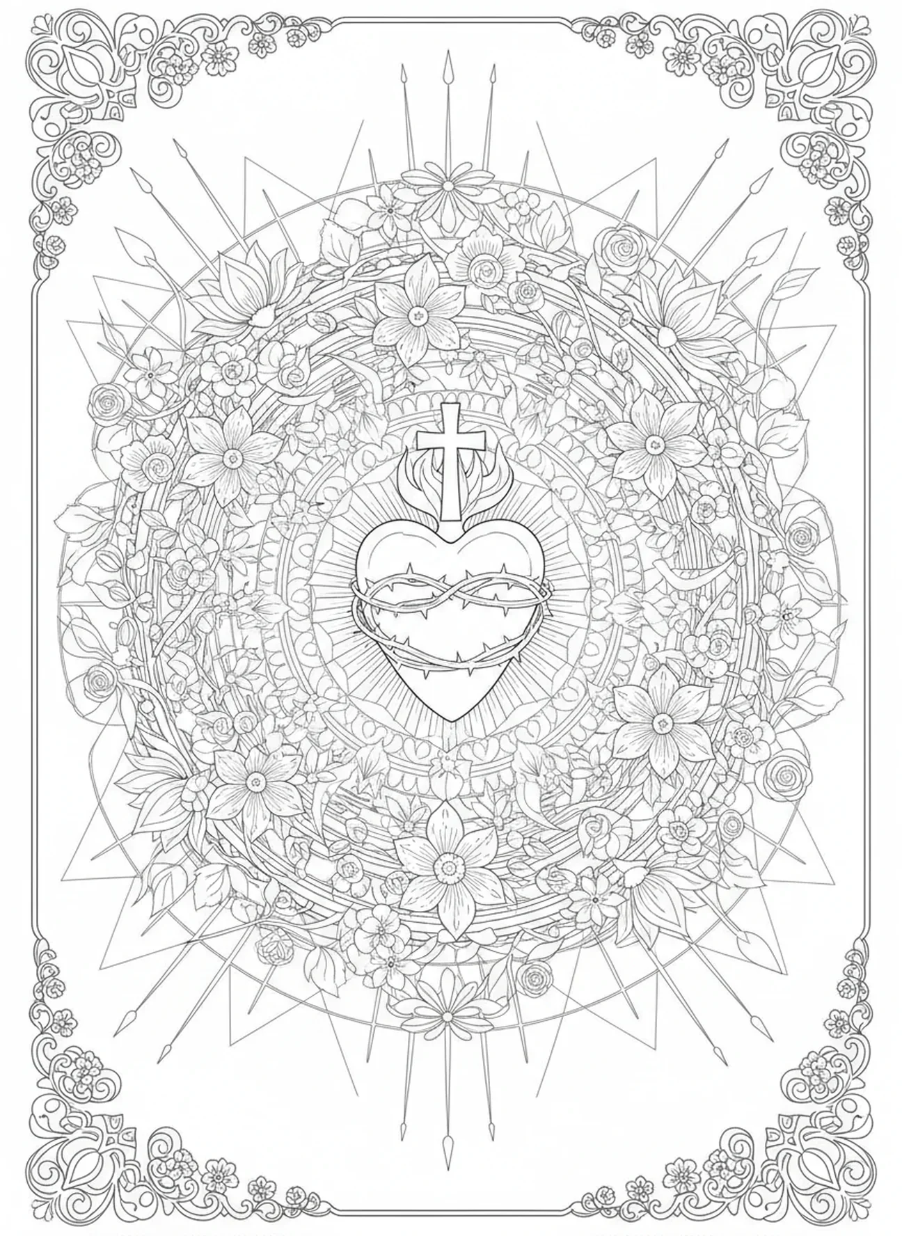 Fleurs et vignes élaborées, page à colorier du symbole du Sacré-Cœur pour le style de journalisation biblique pour adultes